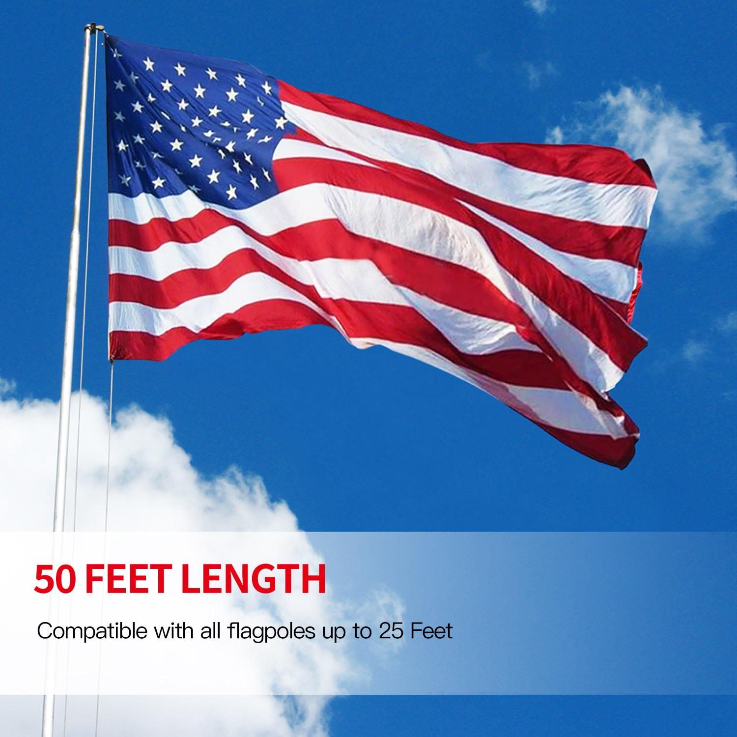 Anley 50 Ft Flag Halyard Rope (1/4 In), Suitable for Climbing, Swing, Camping Tent, Clothesline and Boats - Double Braided, Compatible with Flagpoles Up To 25 Feet (White)