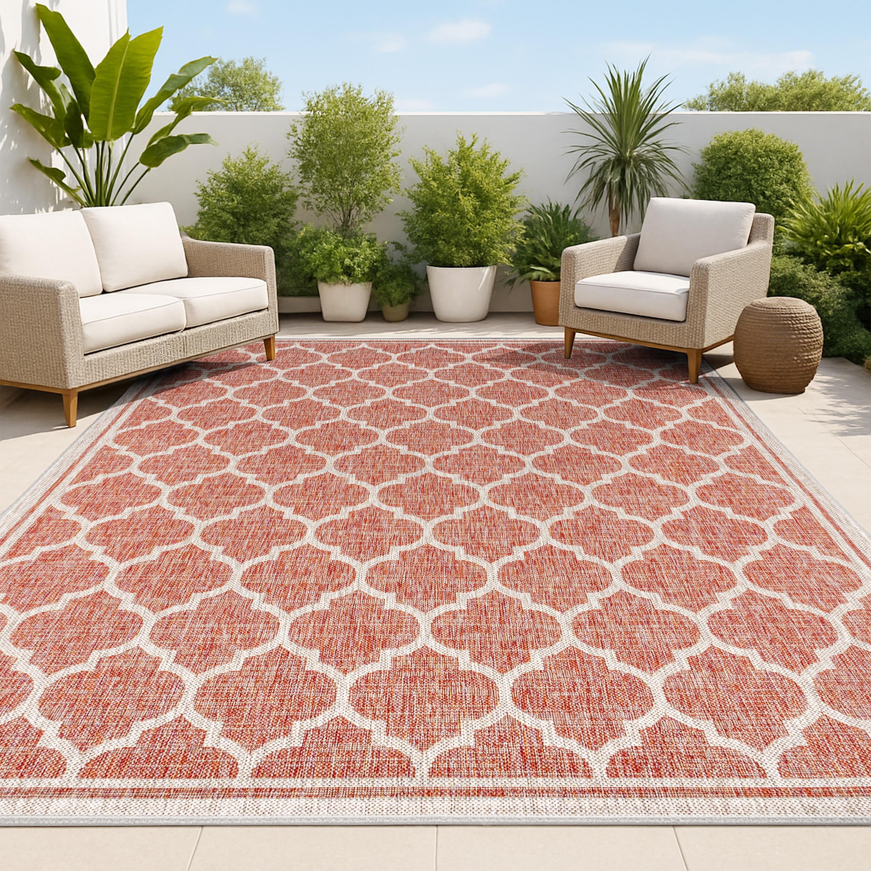 4'x6' Trebol Moroccan Trellis Textured Weave Indoor/Outdoor Area Rug, Red/Beige - JONATHAN Y
