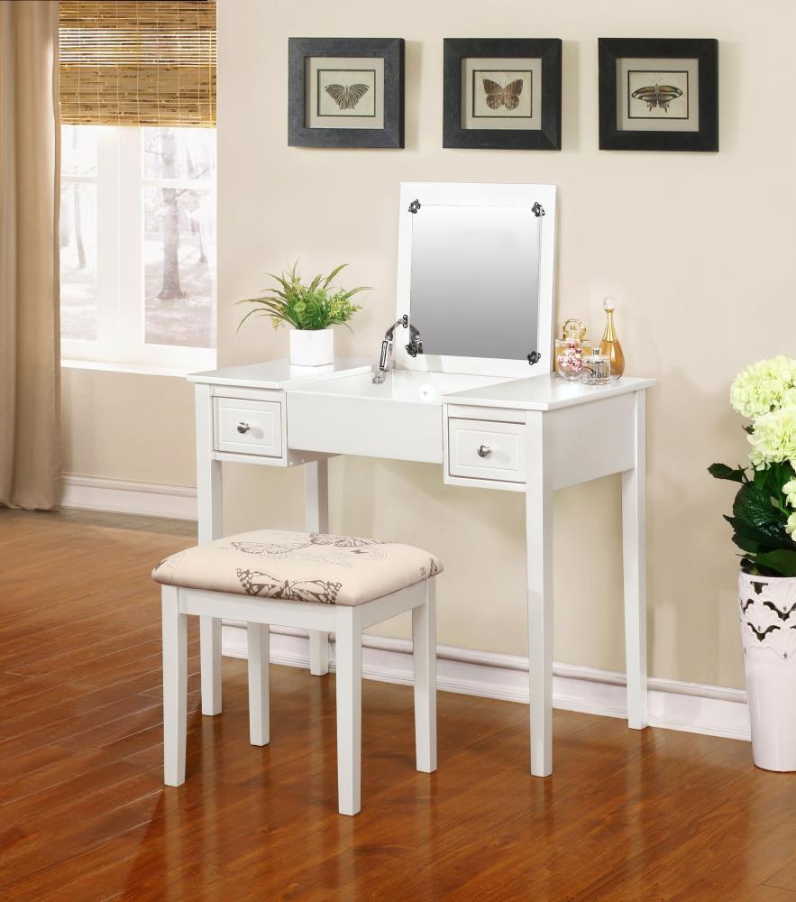 Traditional Wood Flip Up Mirror Drop Drawer Butterfly Vanity and Stool White - Linon: Rubberwood, MDF Composite, Painted Finish