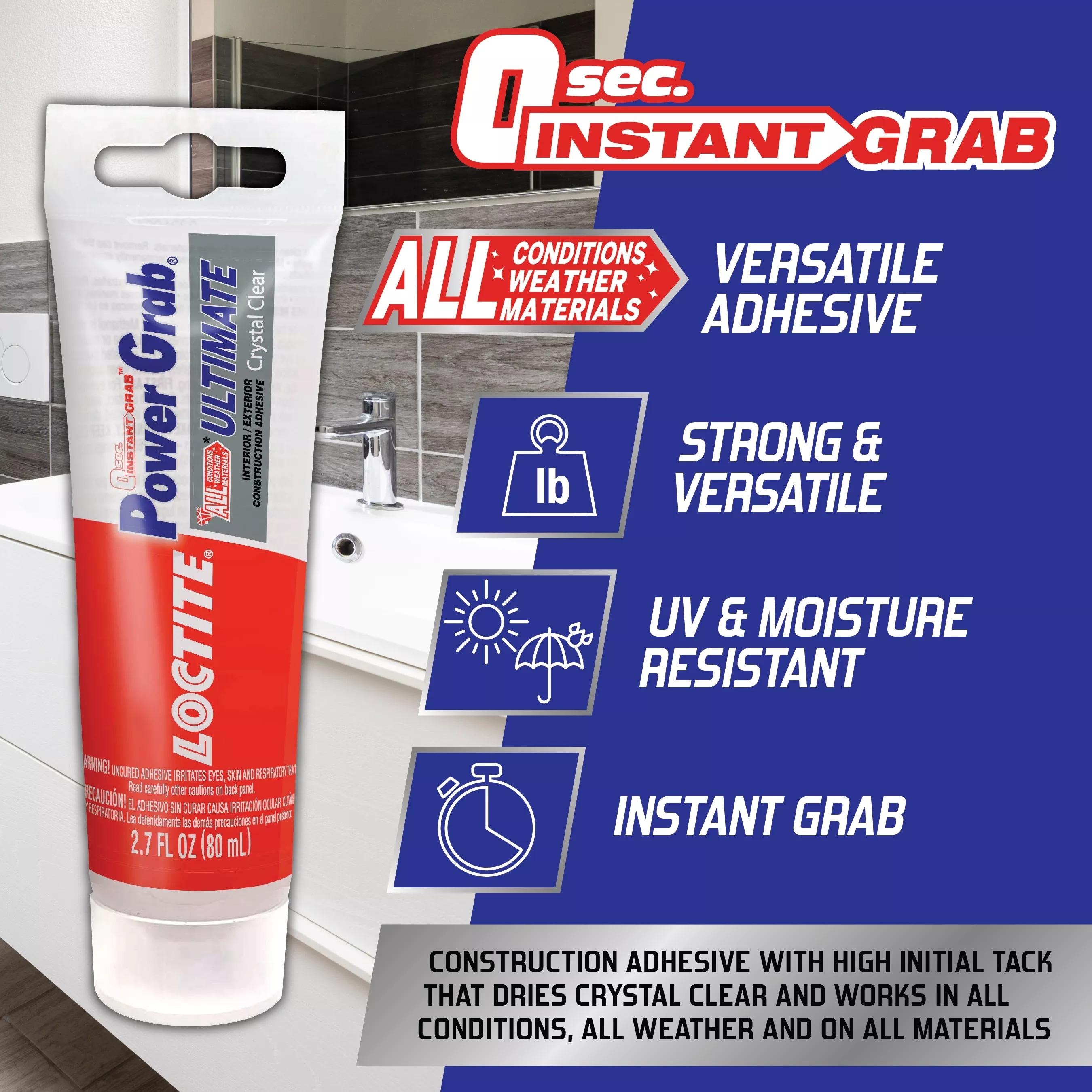 Loctite Power Grab Construction Adhesive Ultimate Crystal Clear, Pack of 1, Clear 2.7 fl oz Tube