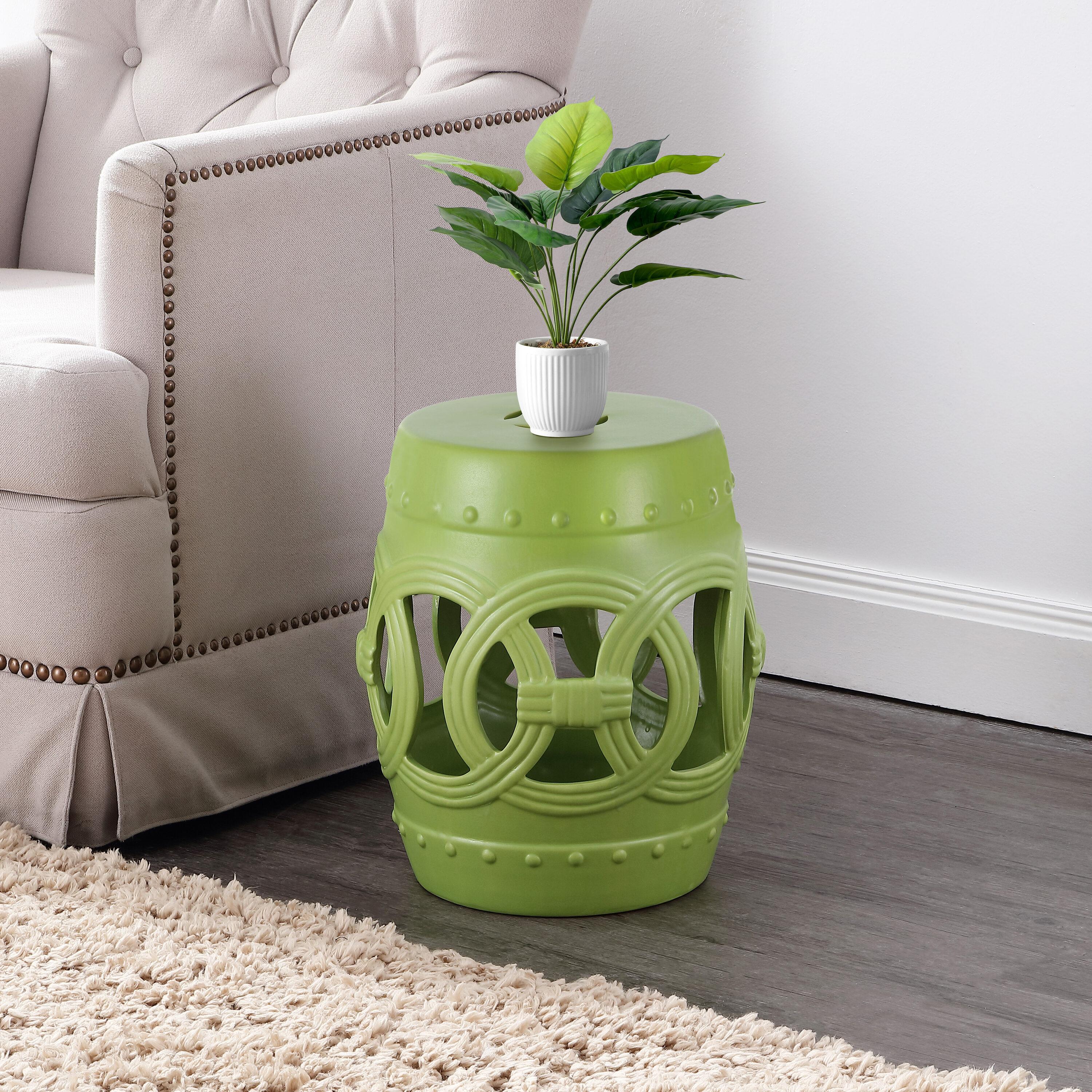 JONATHAN Y Lucky Coins 16" Chinese Ceramic Drum Garden Stool, Matte Green