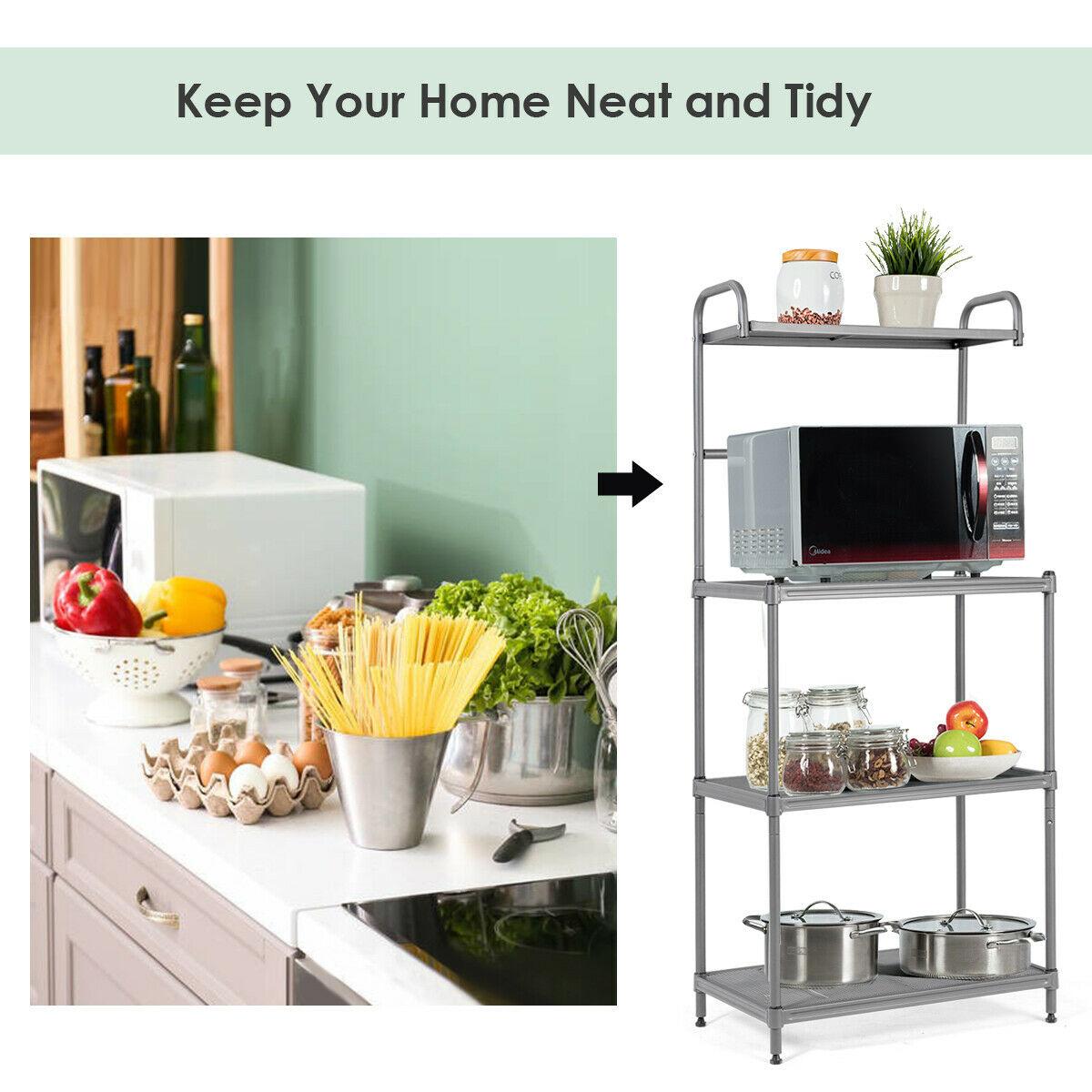 Costway 4-Tier Baker's Rack Microwave Oven Stand Shelves Kitchen Storage Rack Organizer Grey