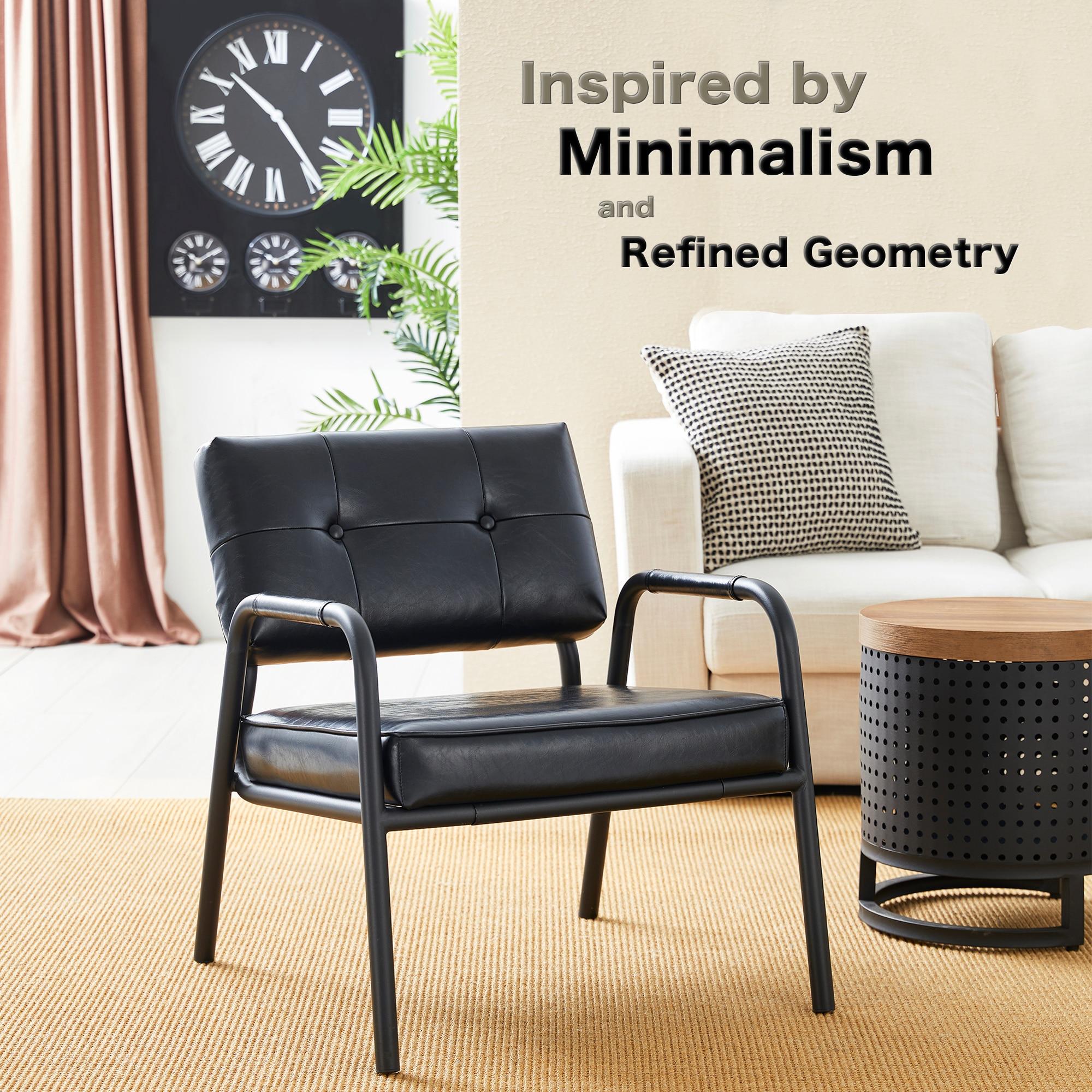Mid-Century Modern Leatherette Arm Accent Chair Frosted Black Metal Frame Black - Glitzhome
