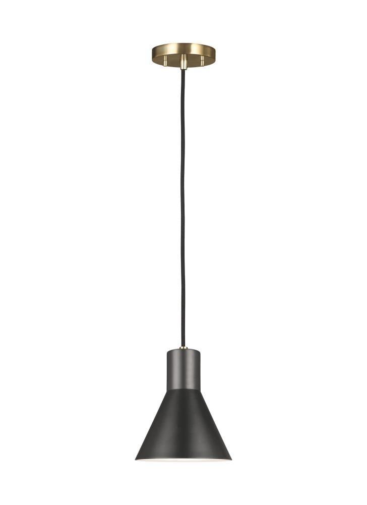 Towner 1-Light Satin Brass Accents Pendant with Black Shade LED Bulb
