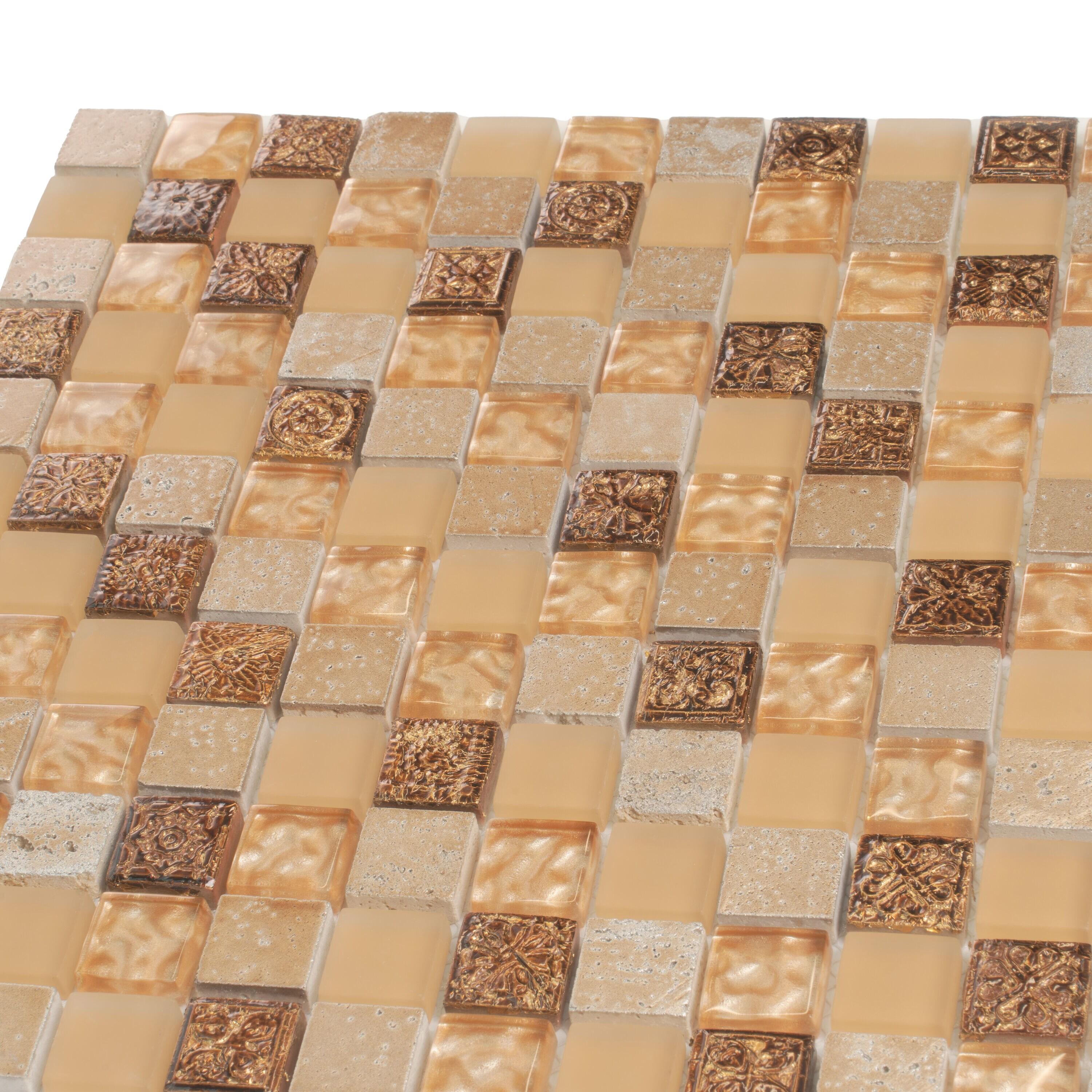 Beige and Brown Polished Glass and Stone Mosaic Tile