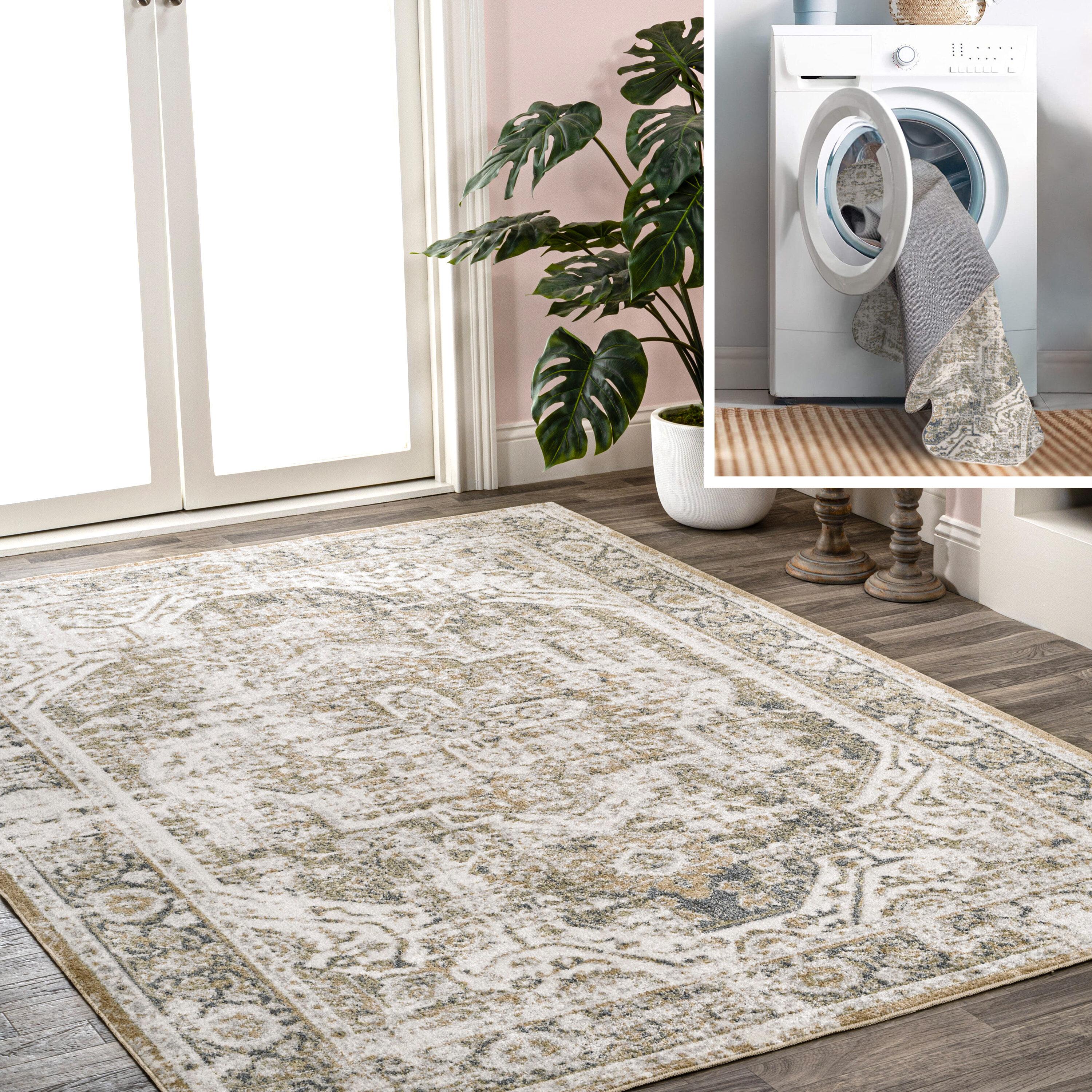 Keesha Bold Green and Cream Distressed Medallion Machine-Washable Area Rug, 8 x 10 ft.