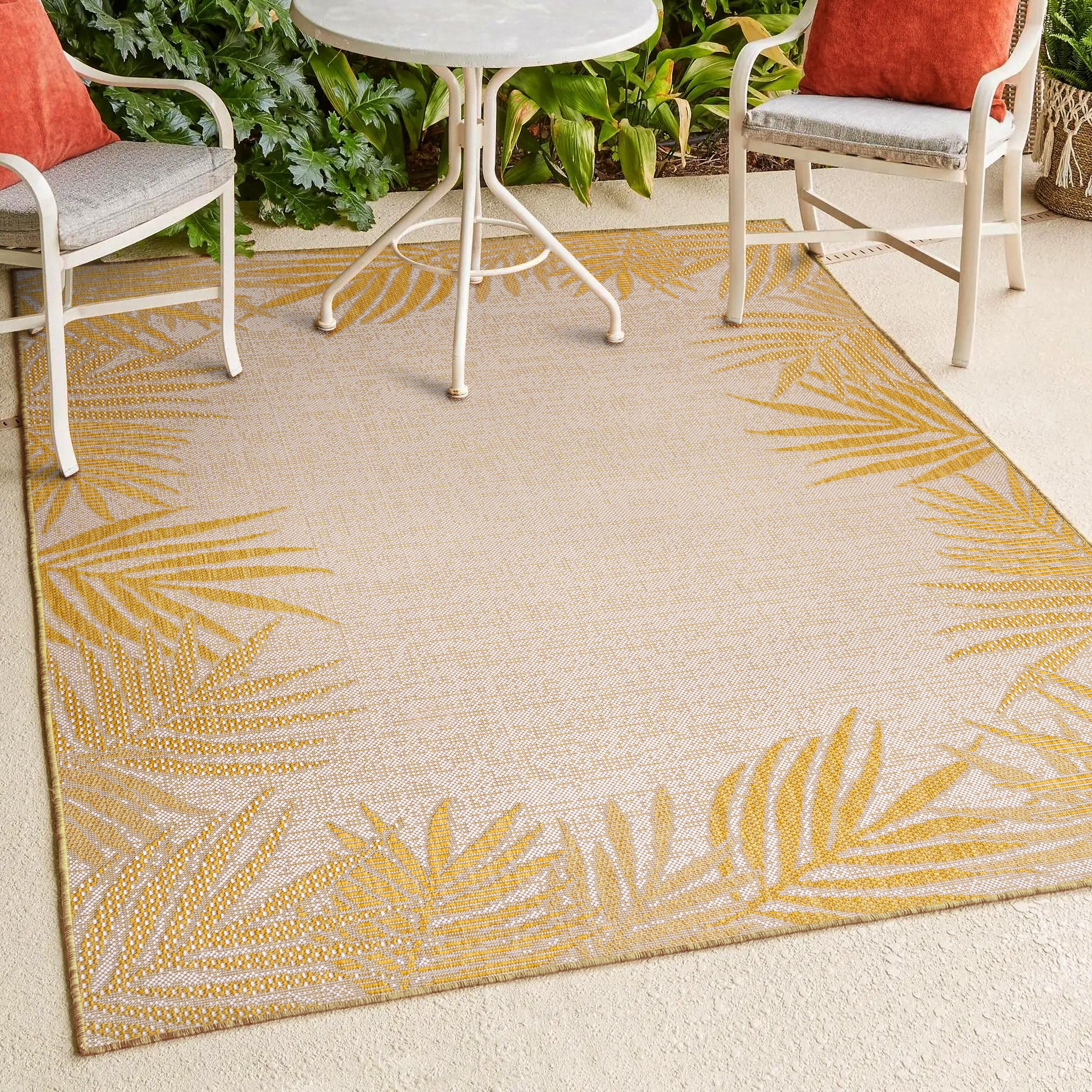 JONATHAN Y Isla Coastal Cottage Palm Frond Border Yellow/Cream 3 ft. x 5 ft. Indoor/Outdoor Area Rug