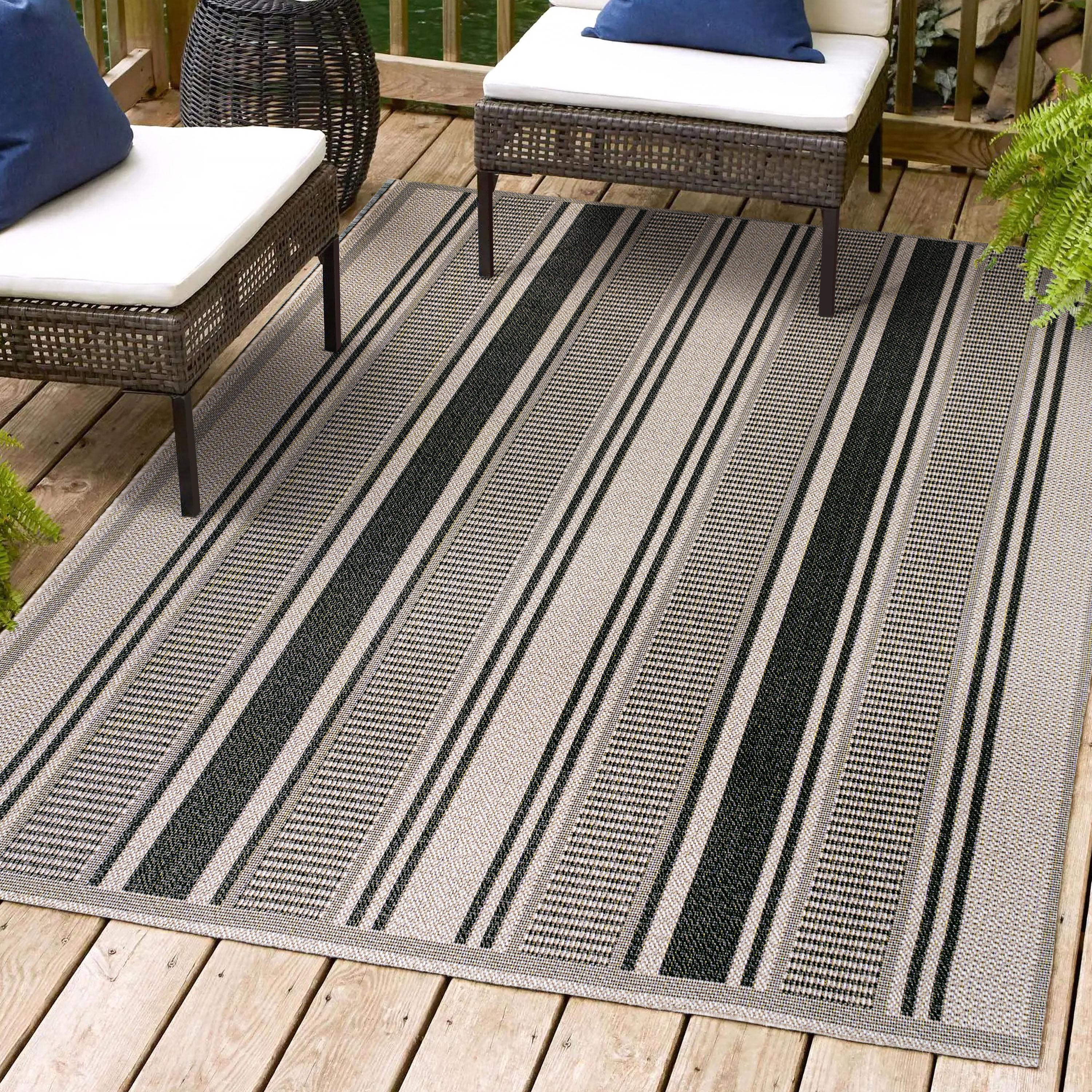 3' x 5' Haynes Modern Double Stripe Indoor/Outdoor Area Rug, Black/Beige - JONATHAN Y