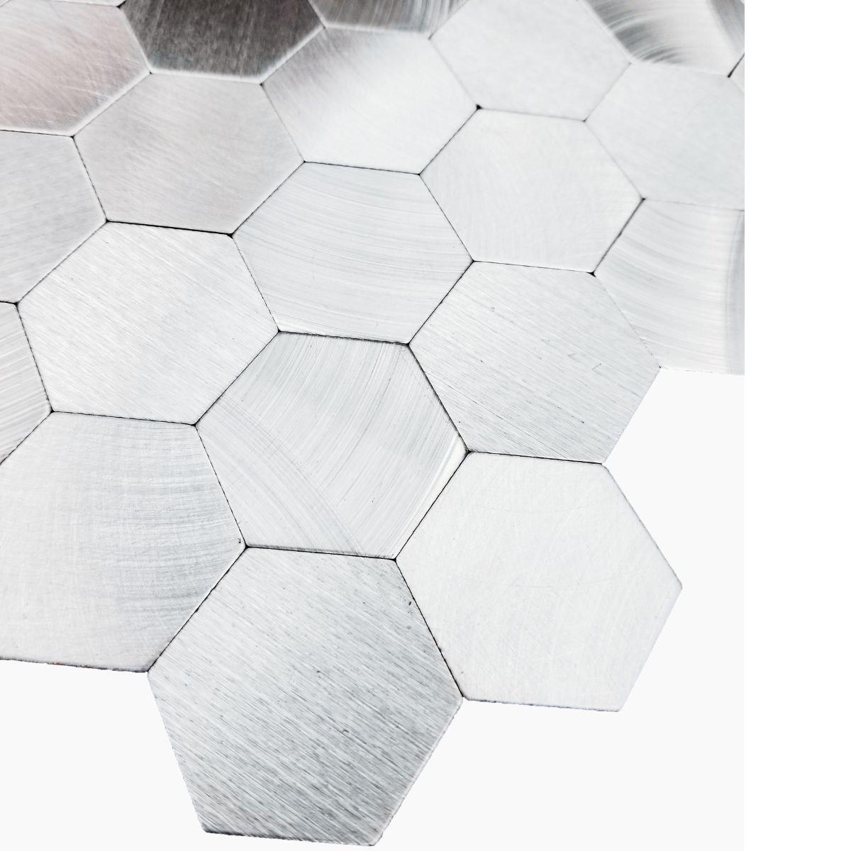 Abolos- Enchanting Hexagon Wall Backsplash 1.5" x 1.5" Peel and Stick Metal Mosaic Tile in Silver (19.80sqft / 22pc Box)