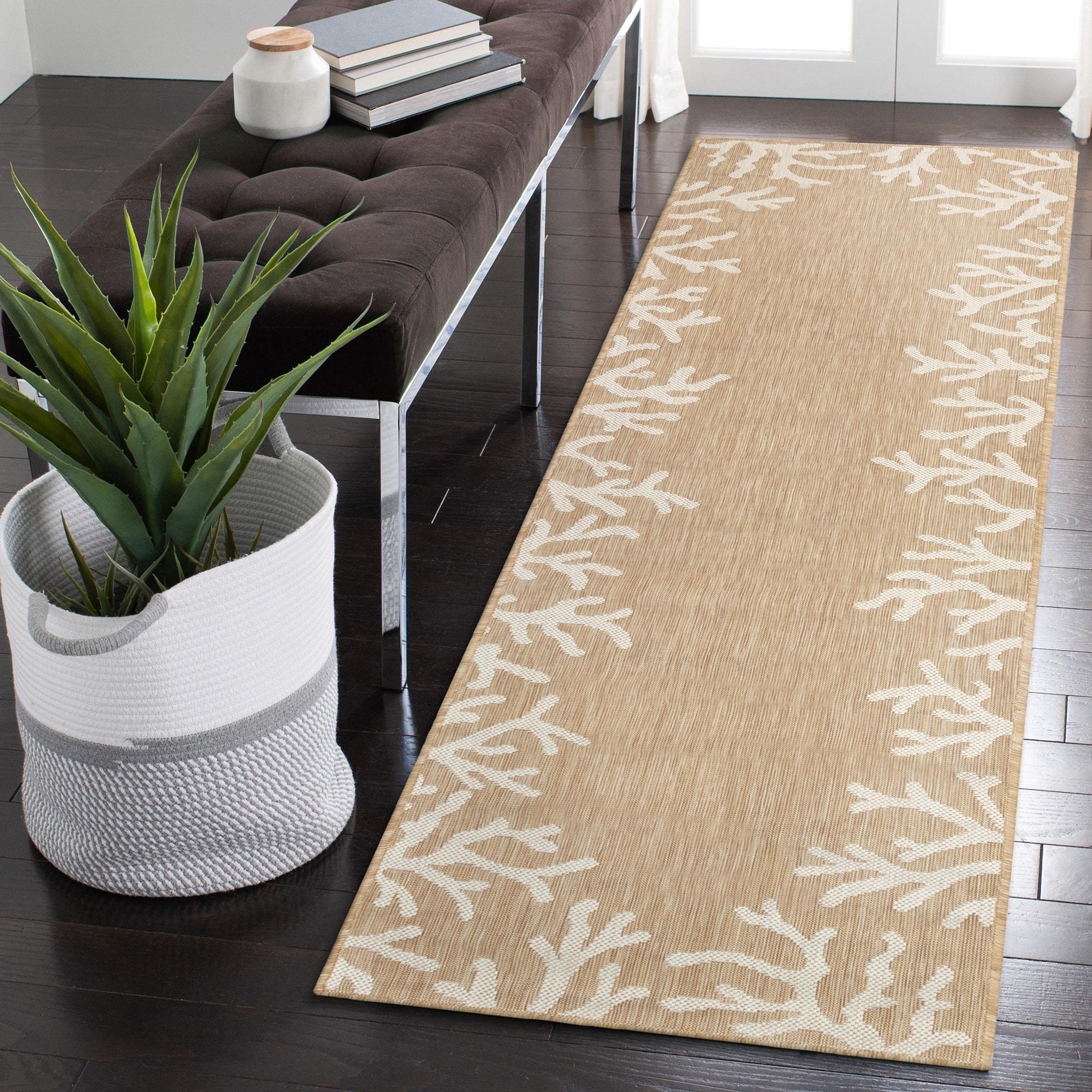 Liora Manne Carmel Indoor/Outdoor Power Loomed Synthetic Blend Low Profile Area Rug - Transitional Border Coastal Ocean Decorative (Coral Border Sand) (1'11" x 7'6")