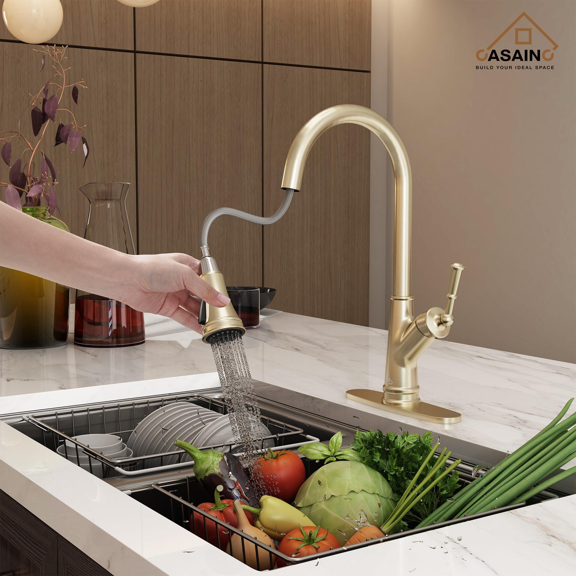 Brushed Gold Single Handle Pull-Out Kitchen Faucet with Sprayer