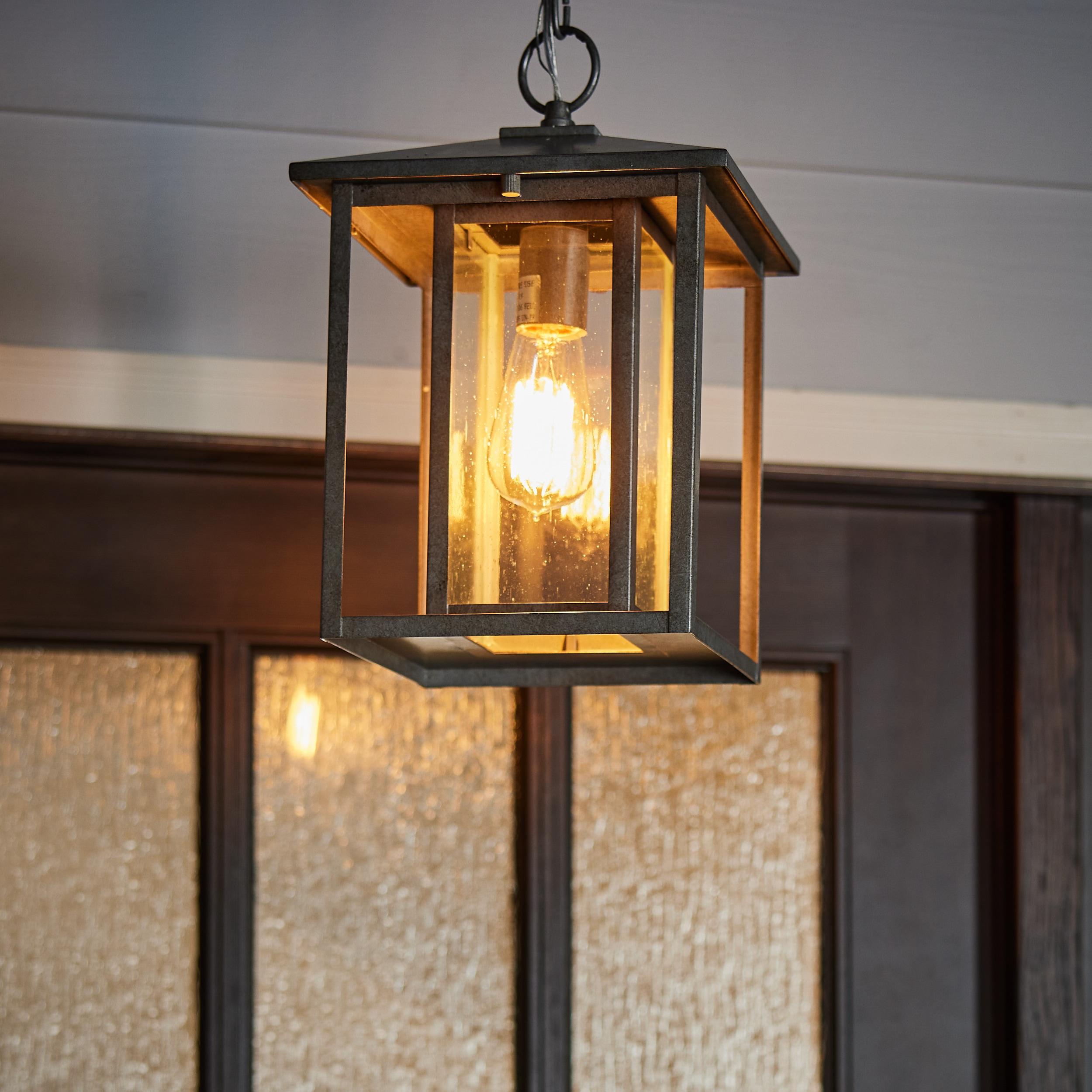 Hunnington 1-Light Outdoor Pendant in Weathered Pewter with Clear Seeded Glass