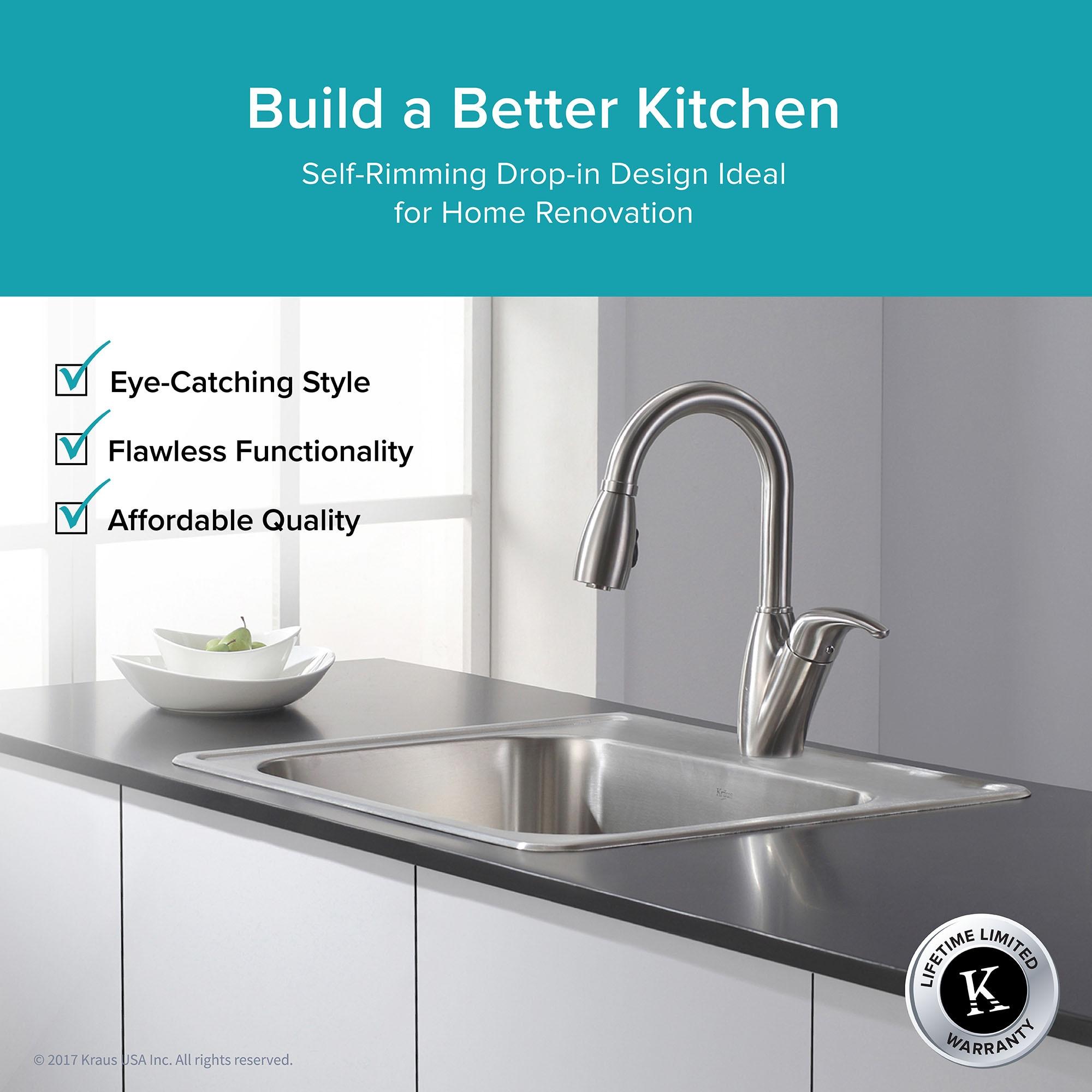 KRAUS 25 inch L Topmount Single Bowl 18 Gauge Stainless Steel Kitchen Sink with NoiseDefend Soundproofing