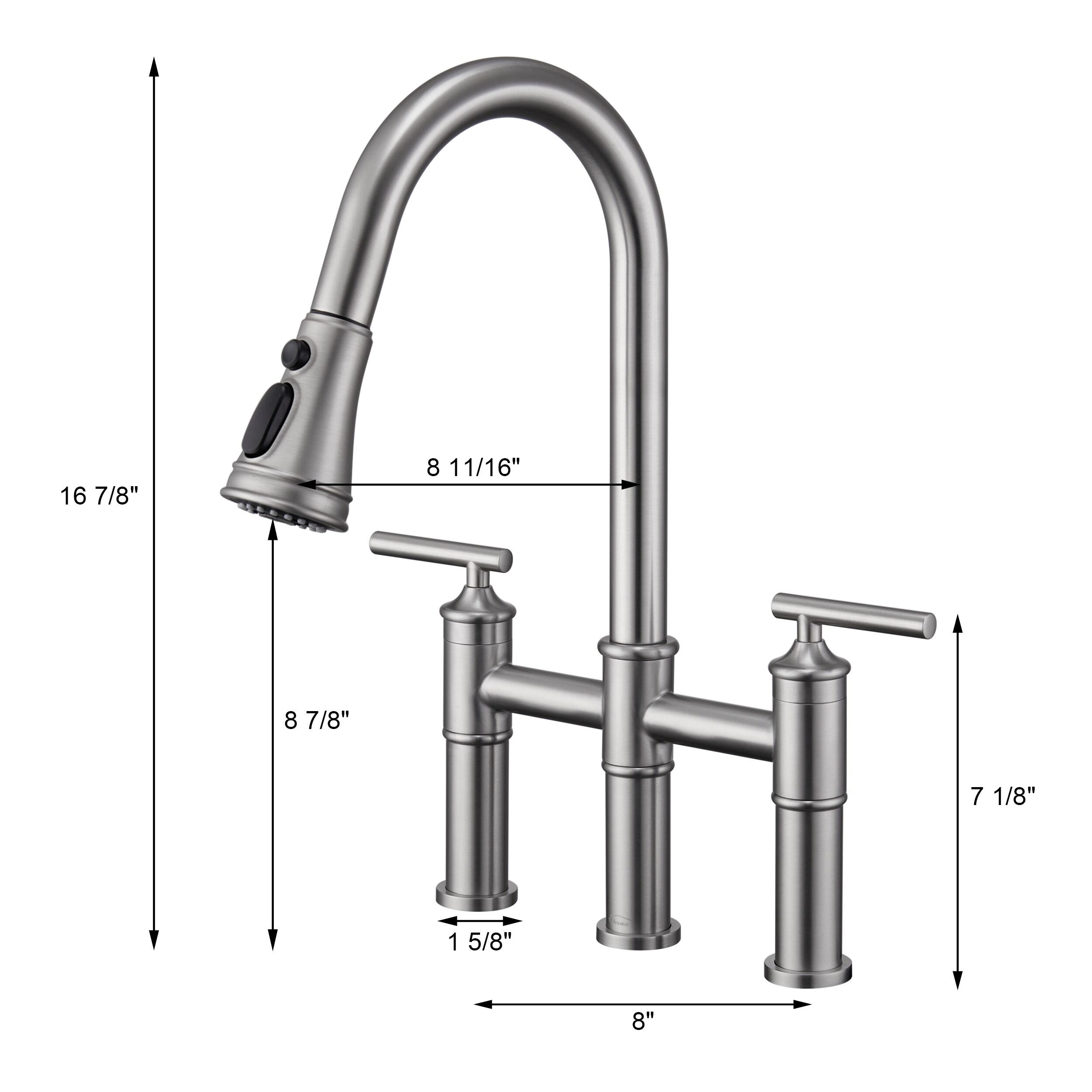 Brushed Nickel Double Handle Bridge Kitchen Faucet with Pull-Out Spray