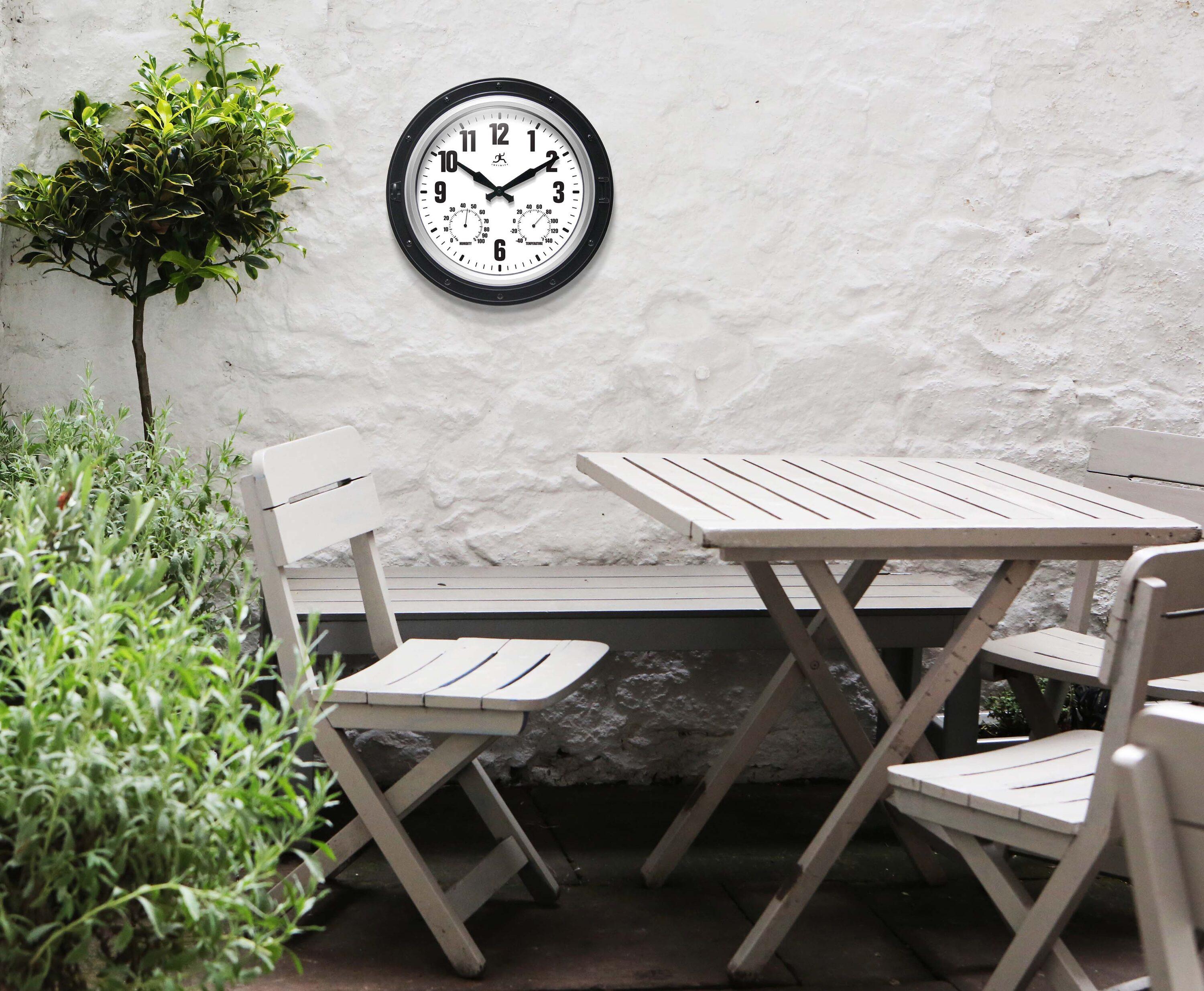 16" Forecaster Wall Clock Silver - Infinity Instruments: Modern Analog, Outdoor Use, Thermometer Feature