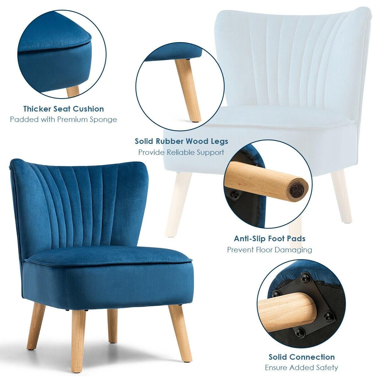 Costway Armless Accent Chair Modern Velvet Leisure Chair Single Upholstered Blue