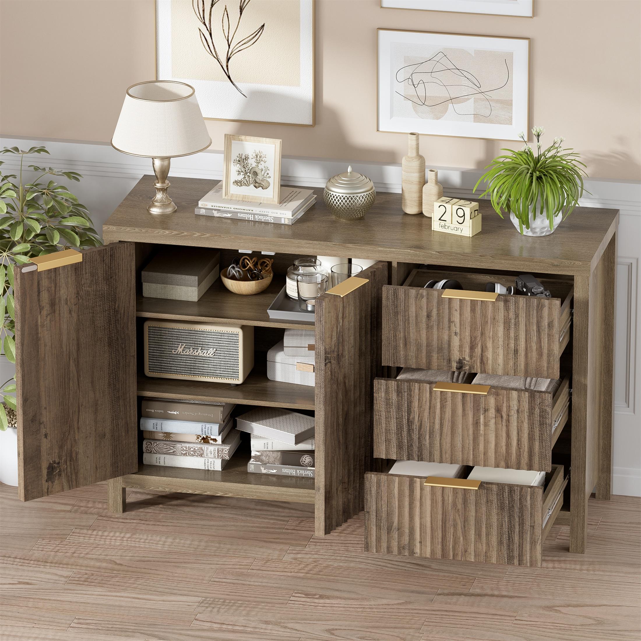 47" Brown MDF Wood Sideboard Buffet Cabinet with Grooved Doors and Drawers