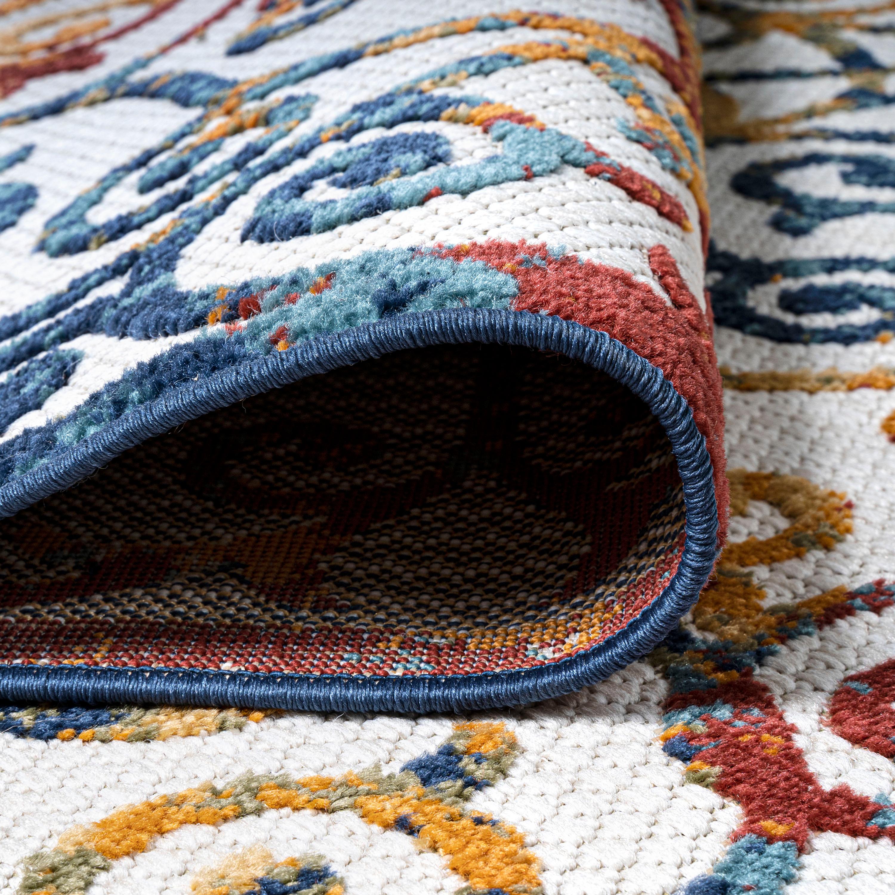 3'x5' Atrani Scroll Trellis Indoor/Outdoor Area Rug, Cream/Blue/Red - JONATHAN Y
