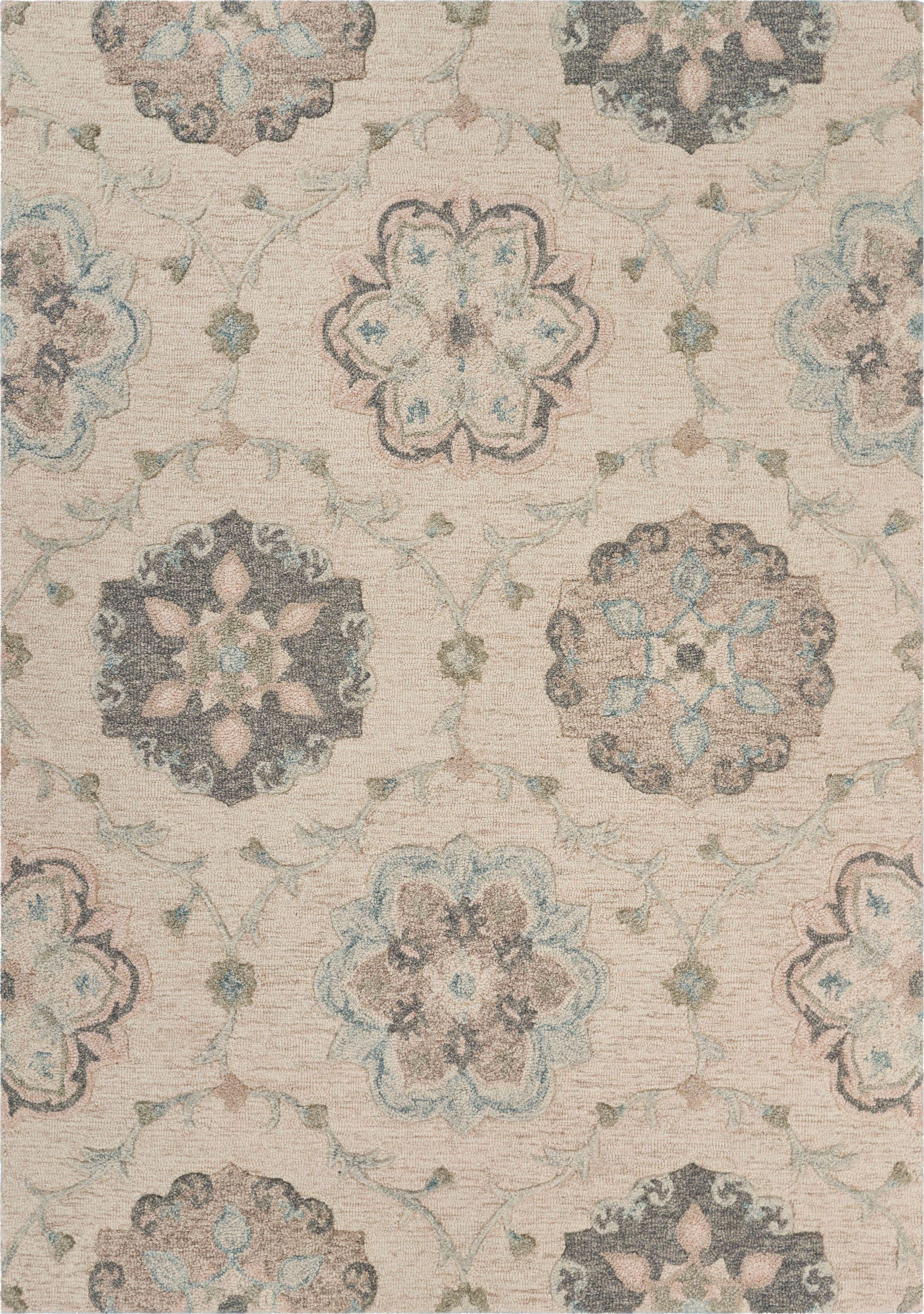 LR Home Aiden 7'3" Round Ivory and Blue Floral Wool Indoor Area Rug