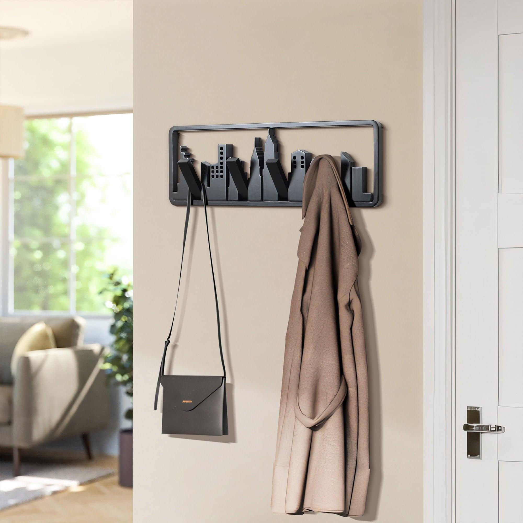 LuxenHome Black Wood 4-Hook Skyscraper Wall-Mounted Coat and Towel Rack