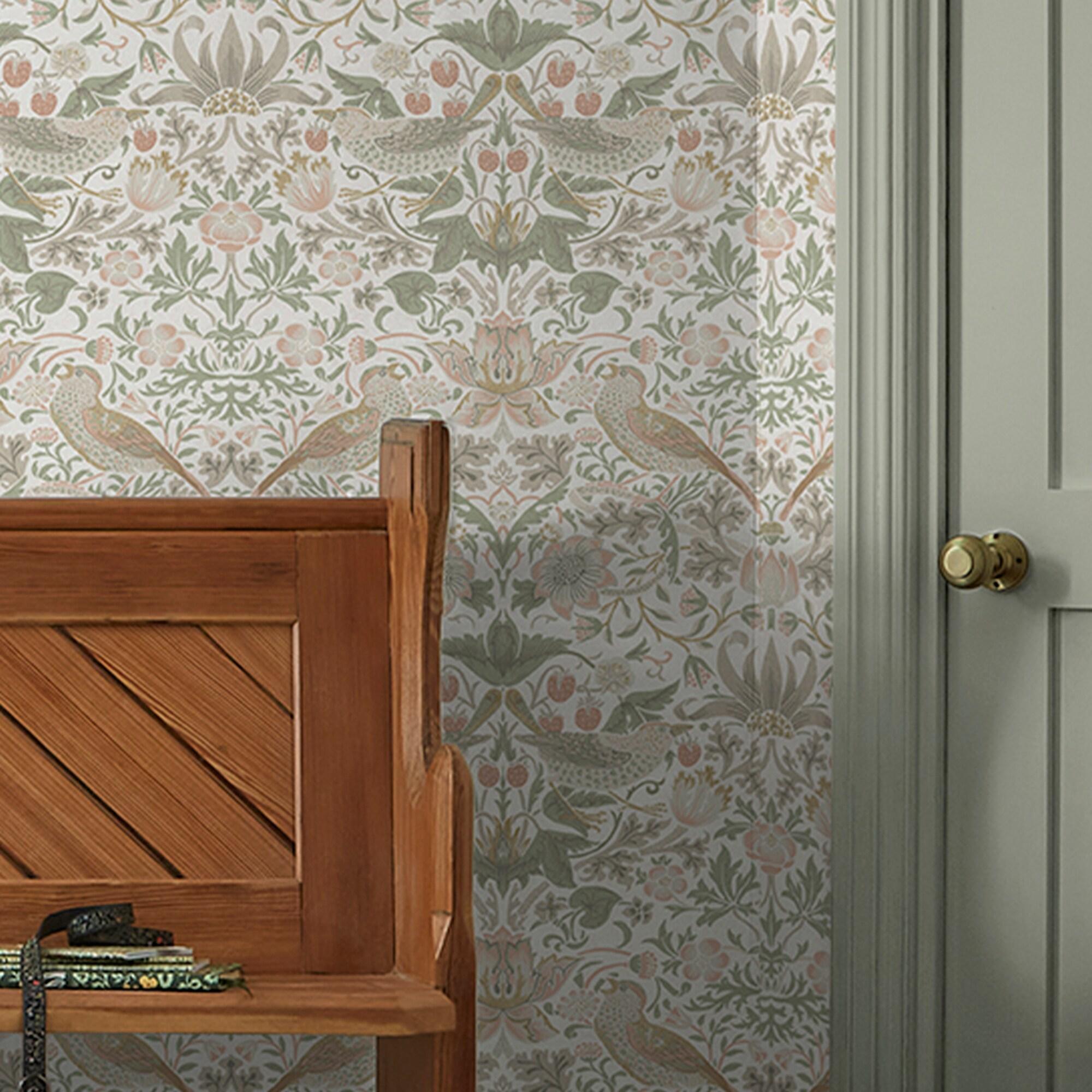 William Morris at Home Strawberry Thief Sage & Pink Wallpaper