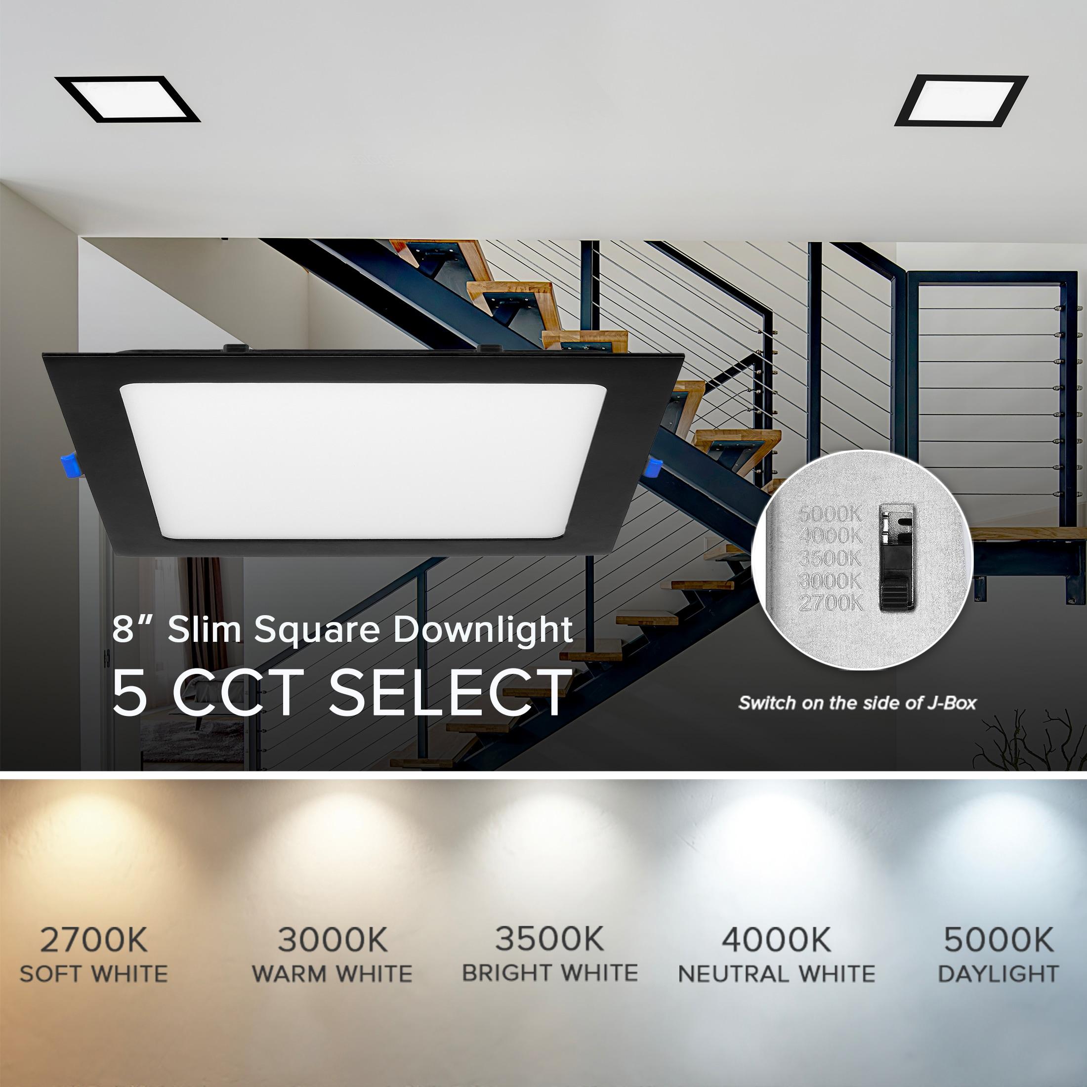 Maxxima 8 in. 5CCT Square Recessed LED Downlight, 1400 Lumens Slim Flat Panel Color Selectable 2700K/3000K/3500K/4000K/5000K, Dimmable, Canless IC Rated, Black Trim, J-Box Included