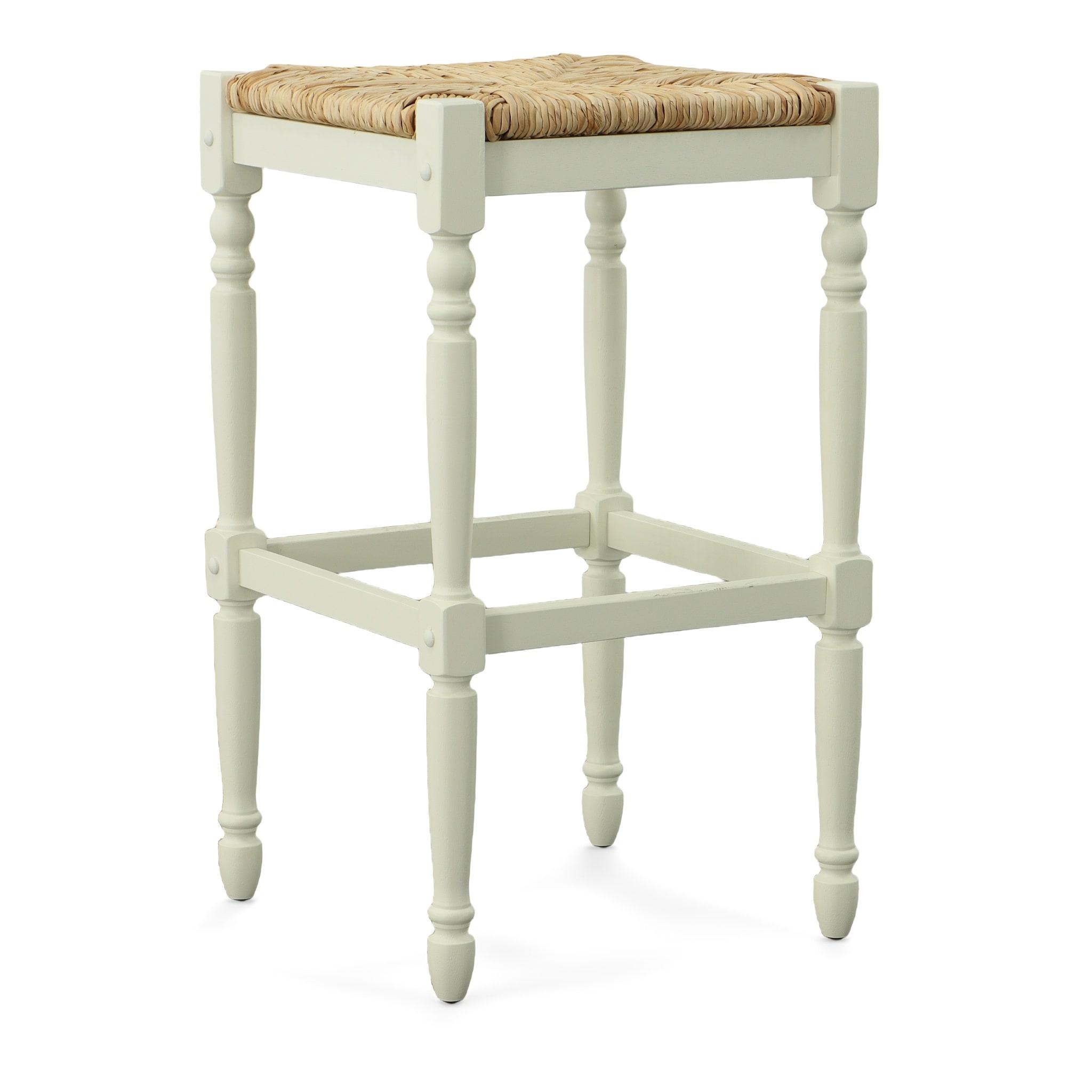 Carolina Cottage Hawthorne 24" Counter Stool with Woven Rush Seat - Vintage Hardwood Legs, Hand Finish Backless Stool (Antique White)