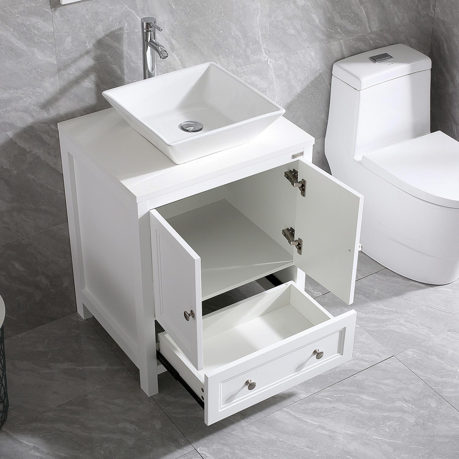 24 Inch Bathroom Vanity with Sink, Single Sink Bathroom Vanity, Modern Small Bathroom Vanity Cabinet with Mirror Sink Drain Faucet Set, White
