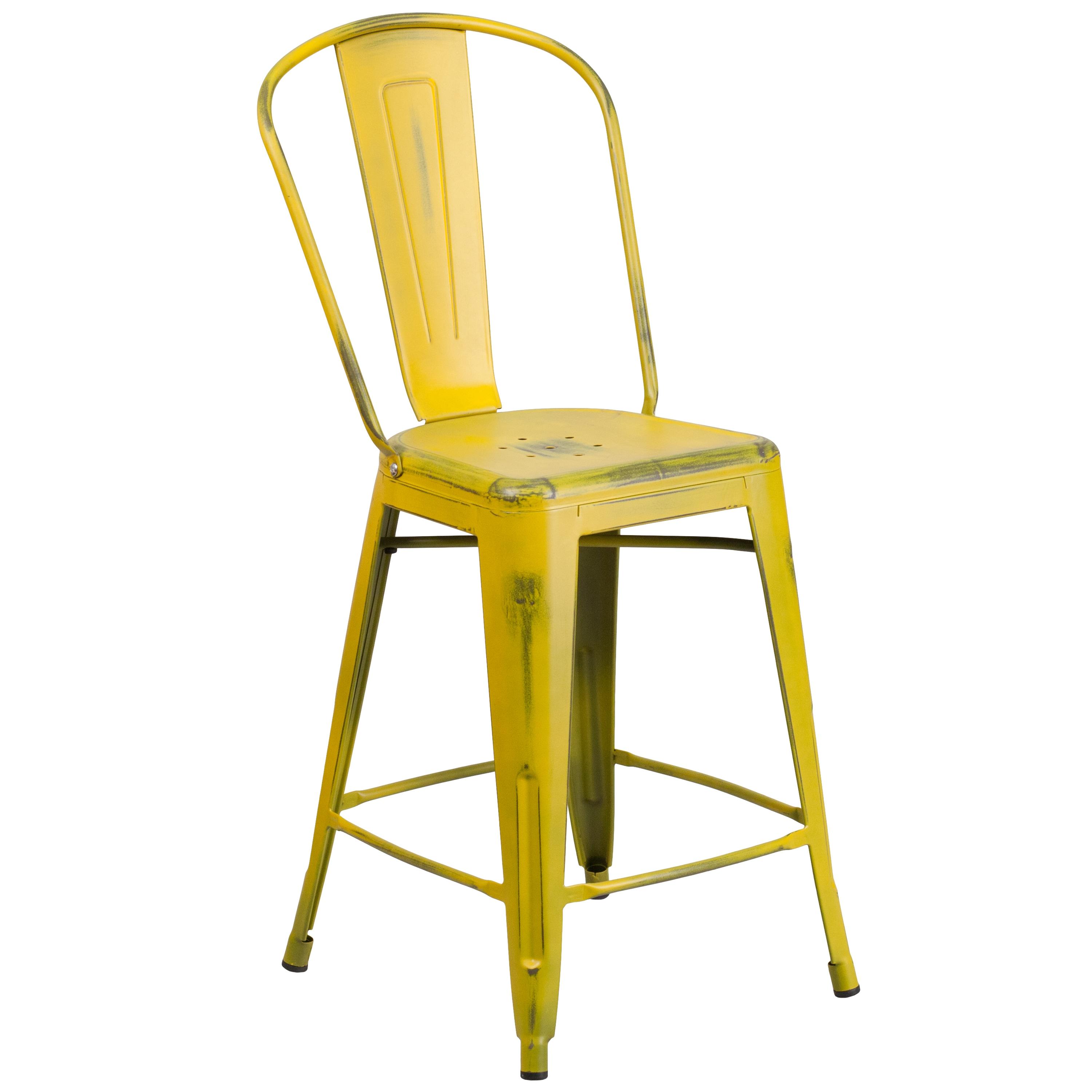 Flash Furniture Commercial Grade 24" High Distressed Yellow Metal Indoor-Outdoor Counter Height Stool with Back