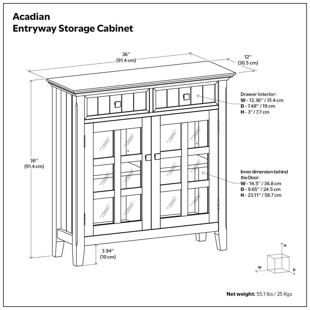 Simpli Home Acadian 36"W Solid Wood 2-Shelf Entryway Storage Cabinet with Glass Doors and 2 Drawers