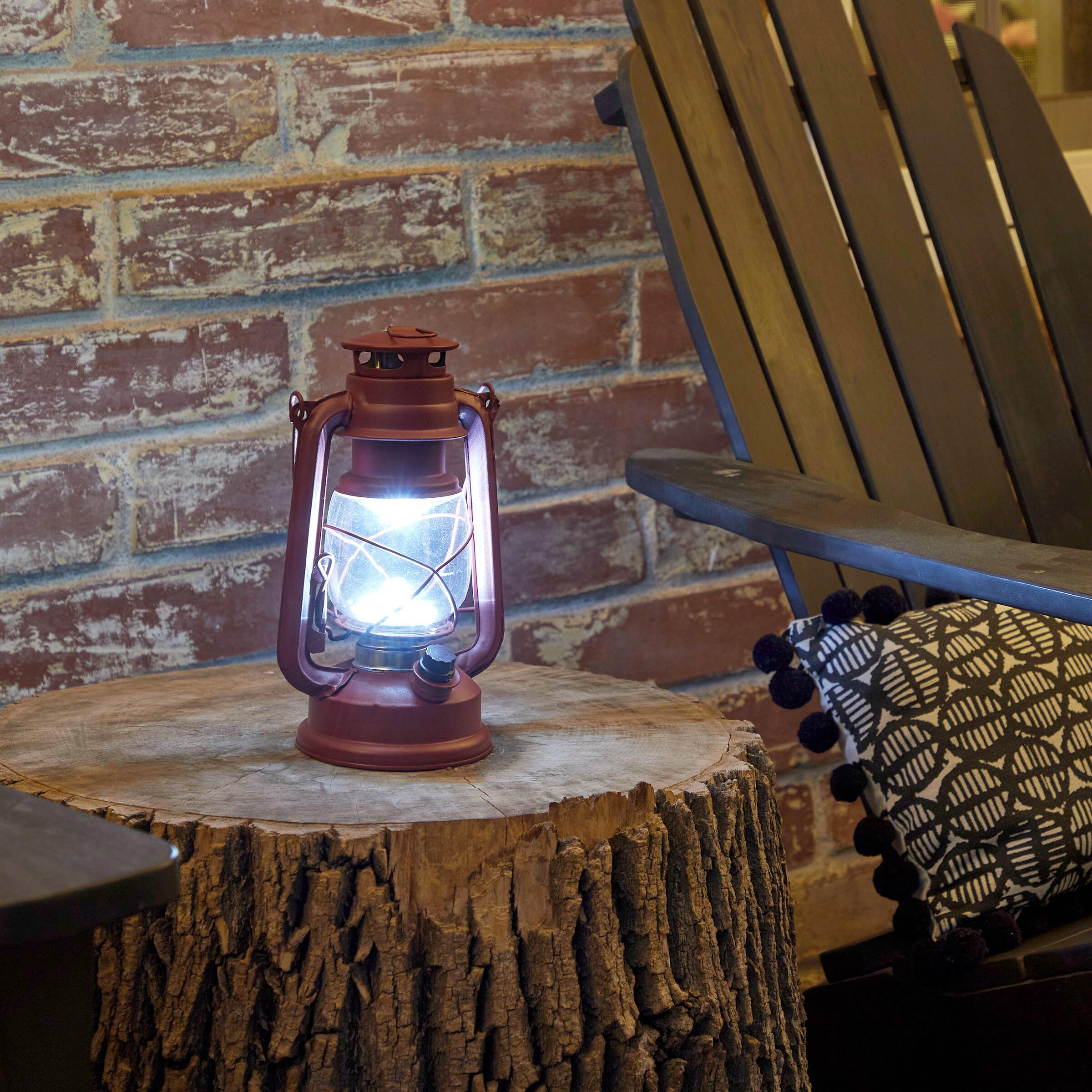 Red Hurricane Lantern with Cool White LED Lights