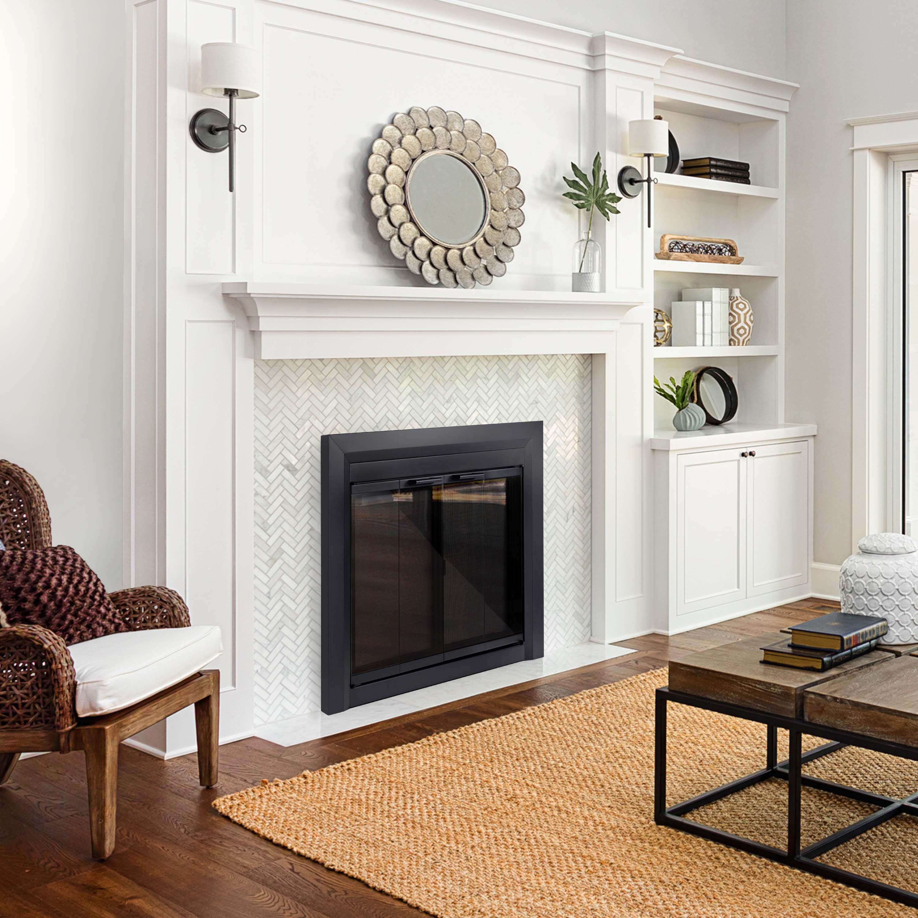 Pleasant Hearth Clairmont Fireplace Screen and Bi-Fold Track-Free Smoked Glass Doors - Black