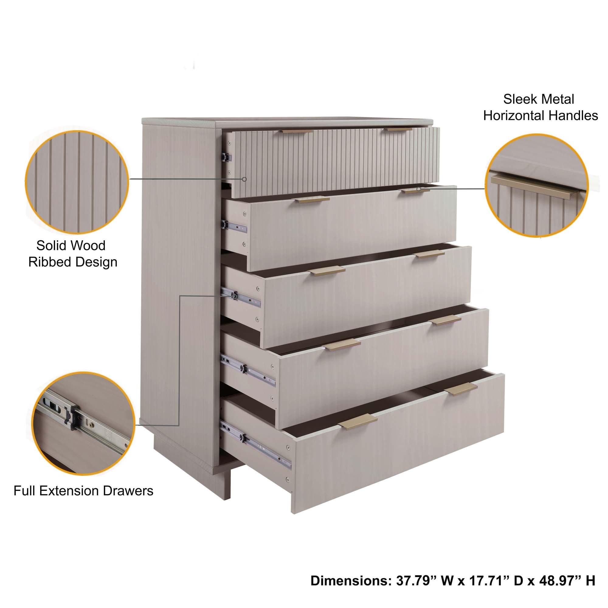 Manhattan Comfort Tall Granville Modern 5 Drawer Dresser Light Gray: Wood Frame, Spot Clean, Anti-Tip Hardware