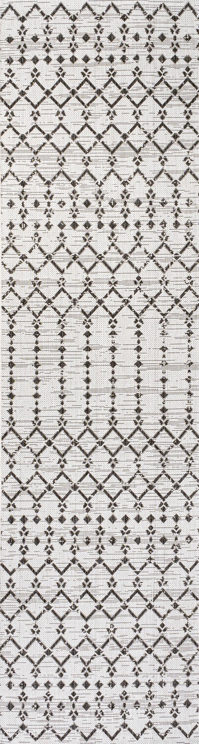 2' x 10' Ourika Moroccan Geometric Textured Weave Indoor/Outdoor Runner Rug, Cream/Black - JONATHAN Y