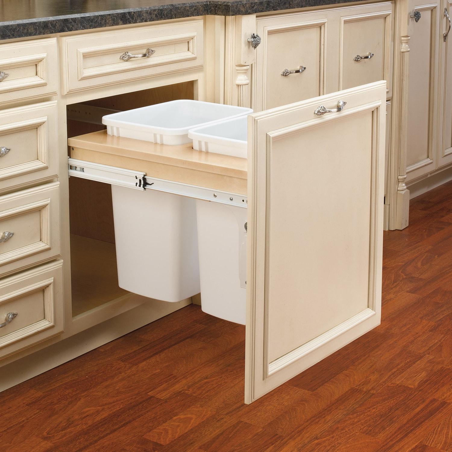 Rev-A-Shelf Double Pullout Trash Can for Base Kitchen/ Bathroom Cabinets, 35 Qt Wood Top Mount Garbage Bin, 18" x 1.5" Face-Frame, White, 4WCTM-21DM2