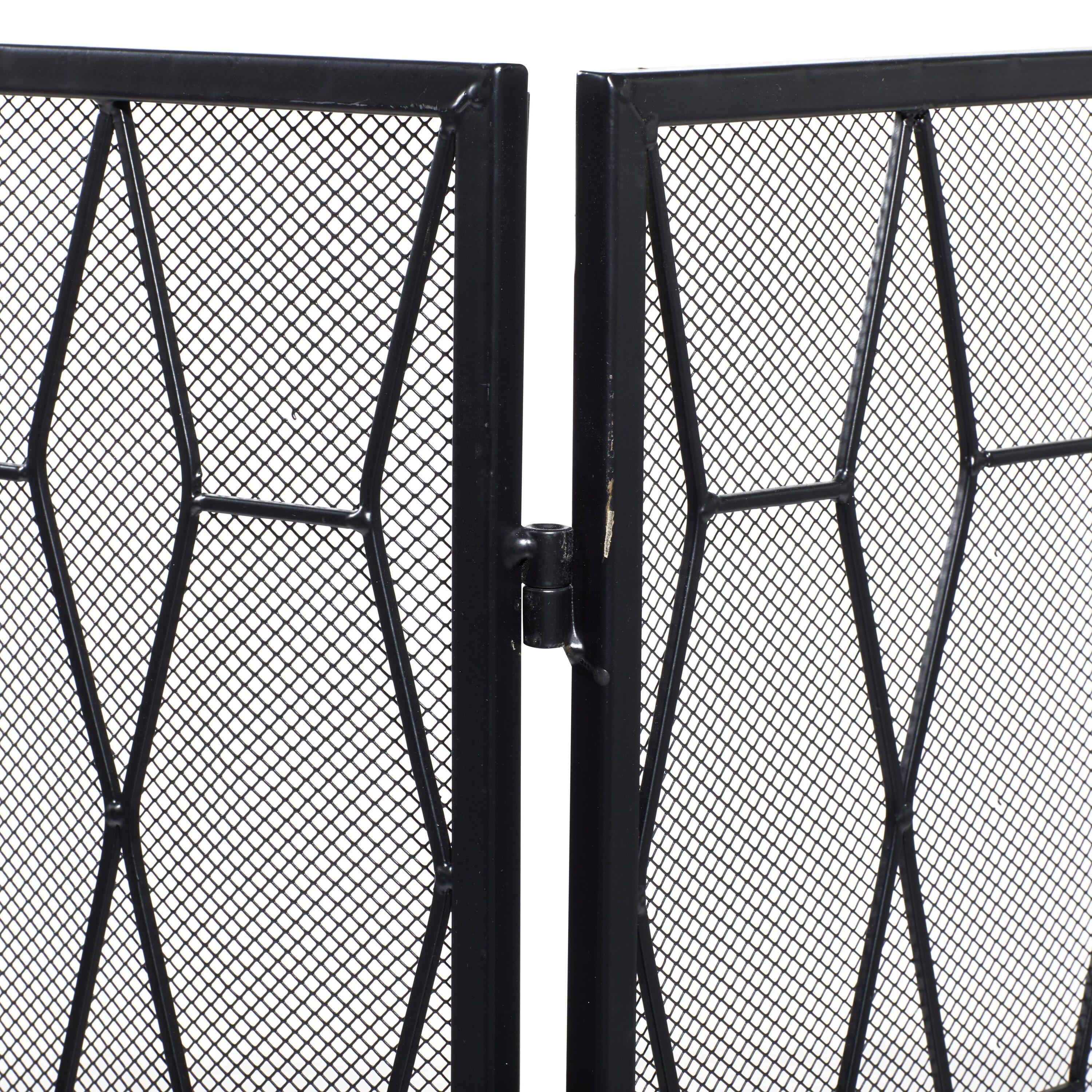 DecMode 51" x 31" Black Metal Foldable 3 Panel Geometric Fireplace Screen with Mesh Netting, 1-Piece