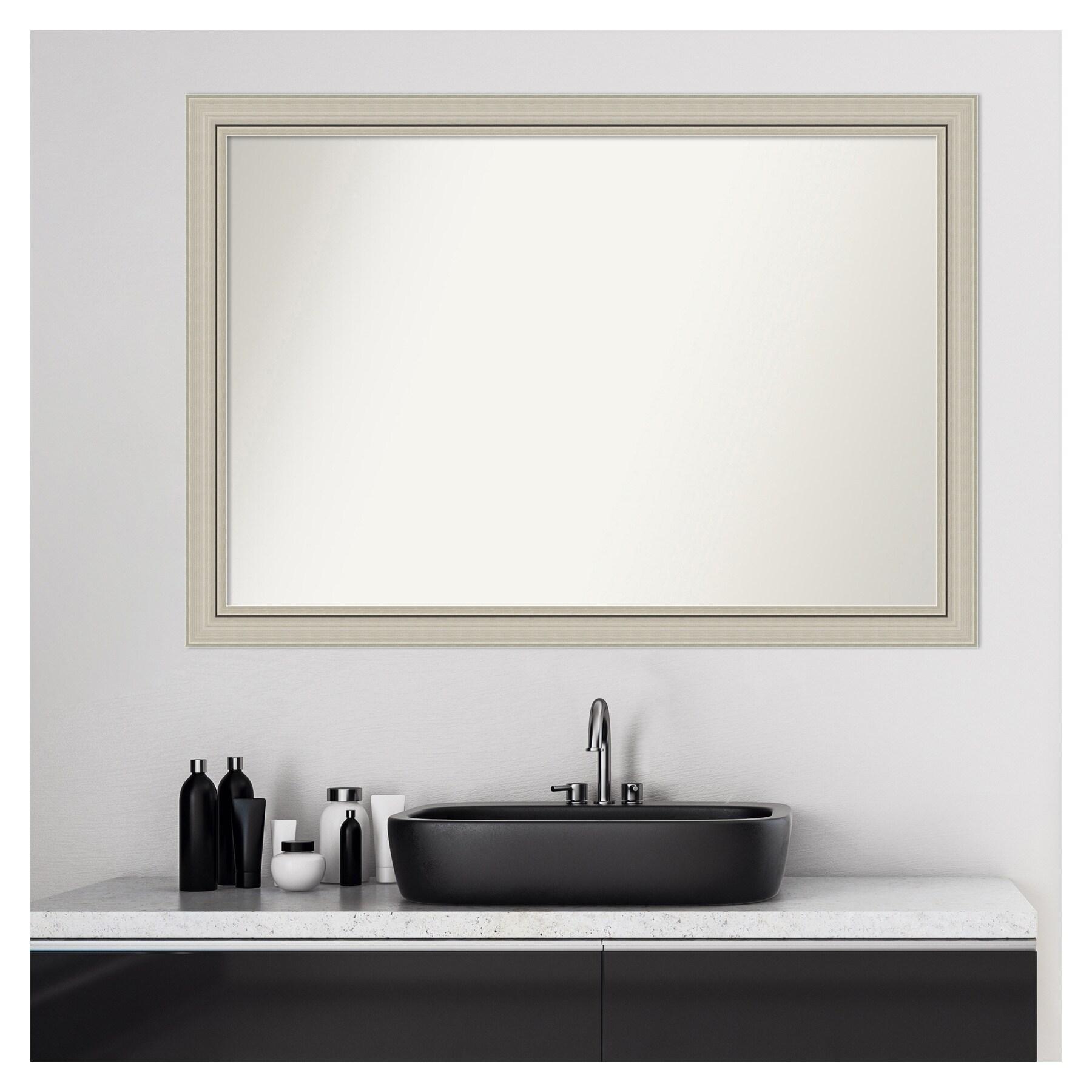 40" x 28" Non-Beveled Romano Silver Narrow Wood Bathroom Wall Mirror - Amanti Art: Modern Rectangle, Wall Mounted