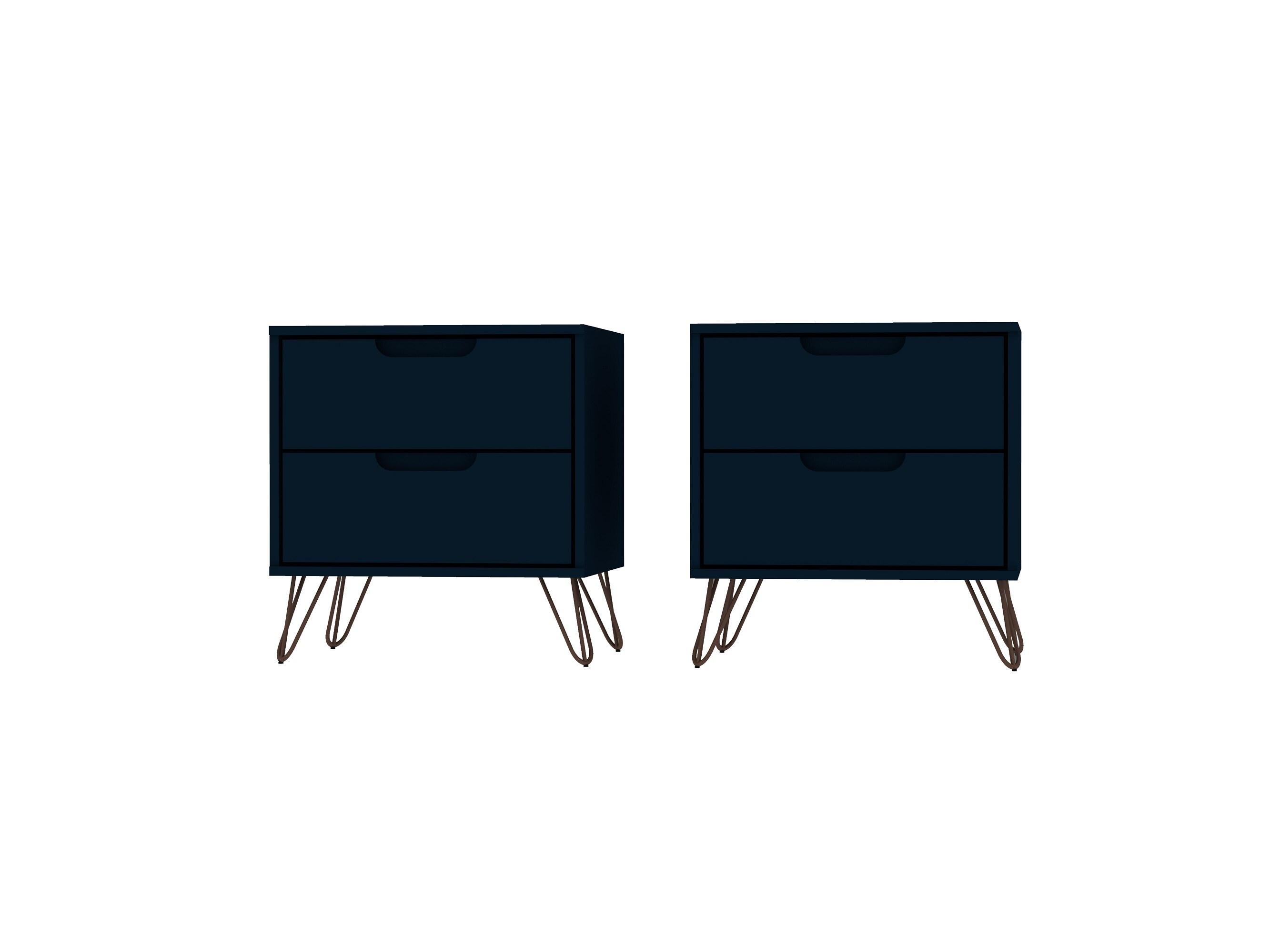 Set of 2 Rockefeller 2 Drawer Nightstands Tatiana Midnight Blue - Manhattan Comfort: Modern Splayed Metal Legs, MDF