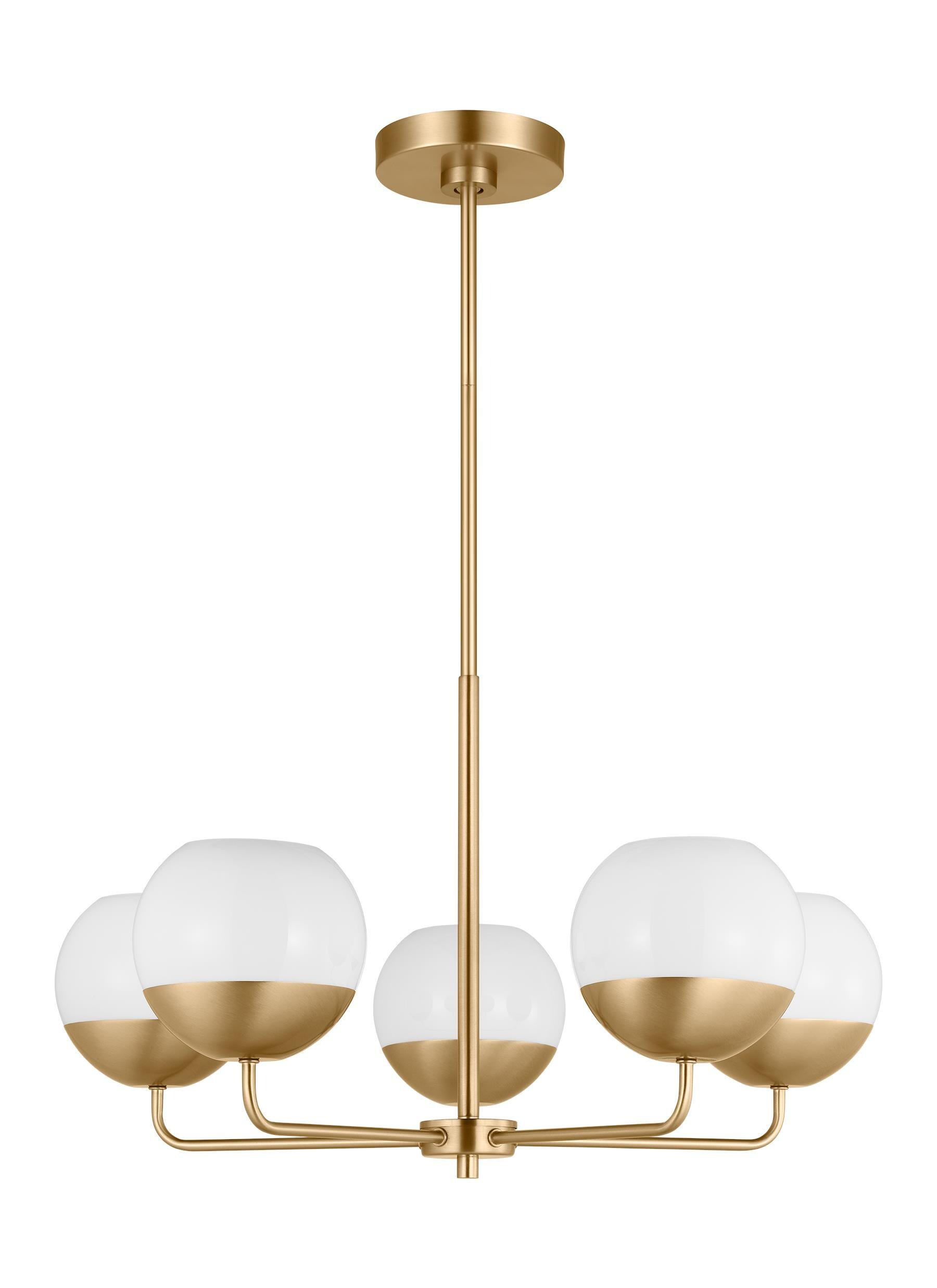 Alvin Satin Brass Midcentury 5-Light Chandelier with Milk Glass Shades