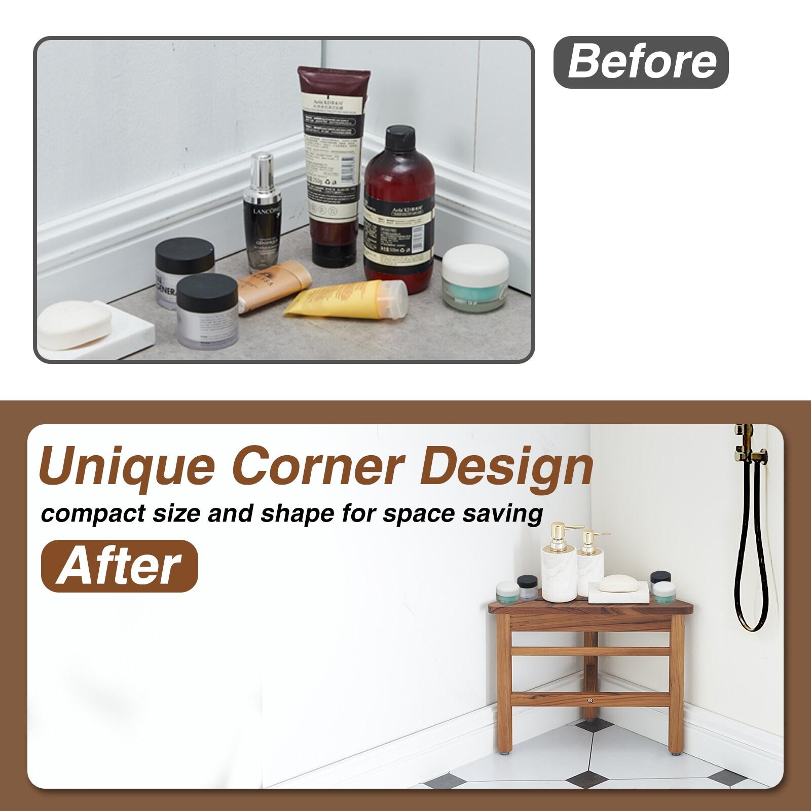 Utopia Alley  12 in. Small Teak Corner Shower Stool with Plastic Storage for Inside Shower, Indoor & Outdoor Use