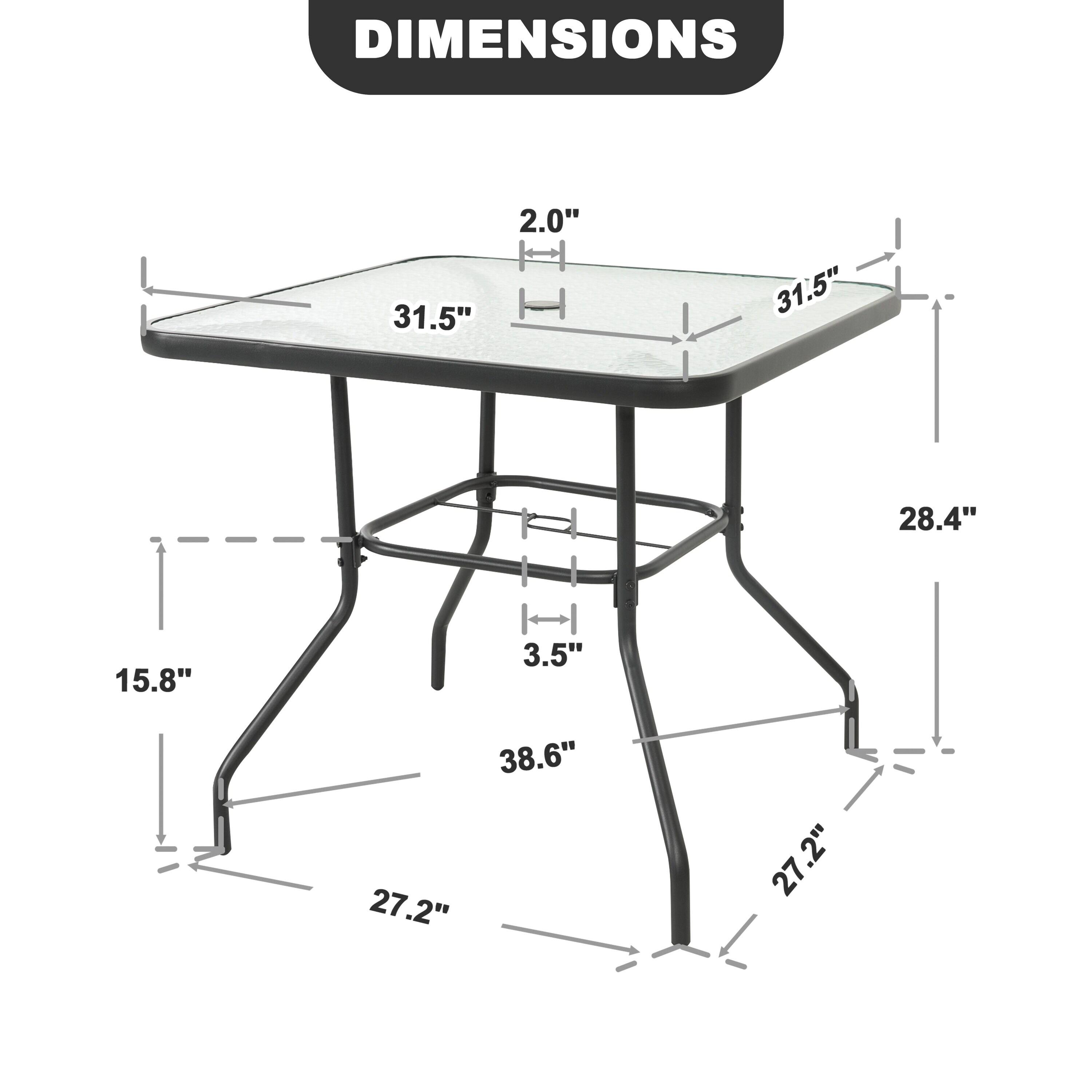 Square Outdoor Table, Patio Table with Umbrella Hole, Patio Dining Table with Tempered Glass, Outdoor Dining Tables, Square Patio Table for Balcony, Backyard, Poolside, Sunroom, Patio Tables, Black