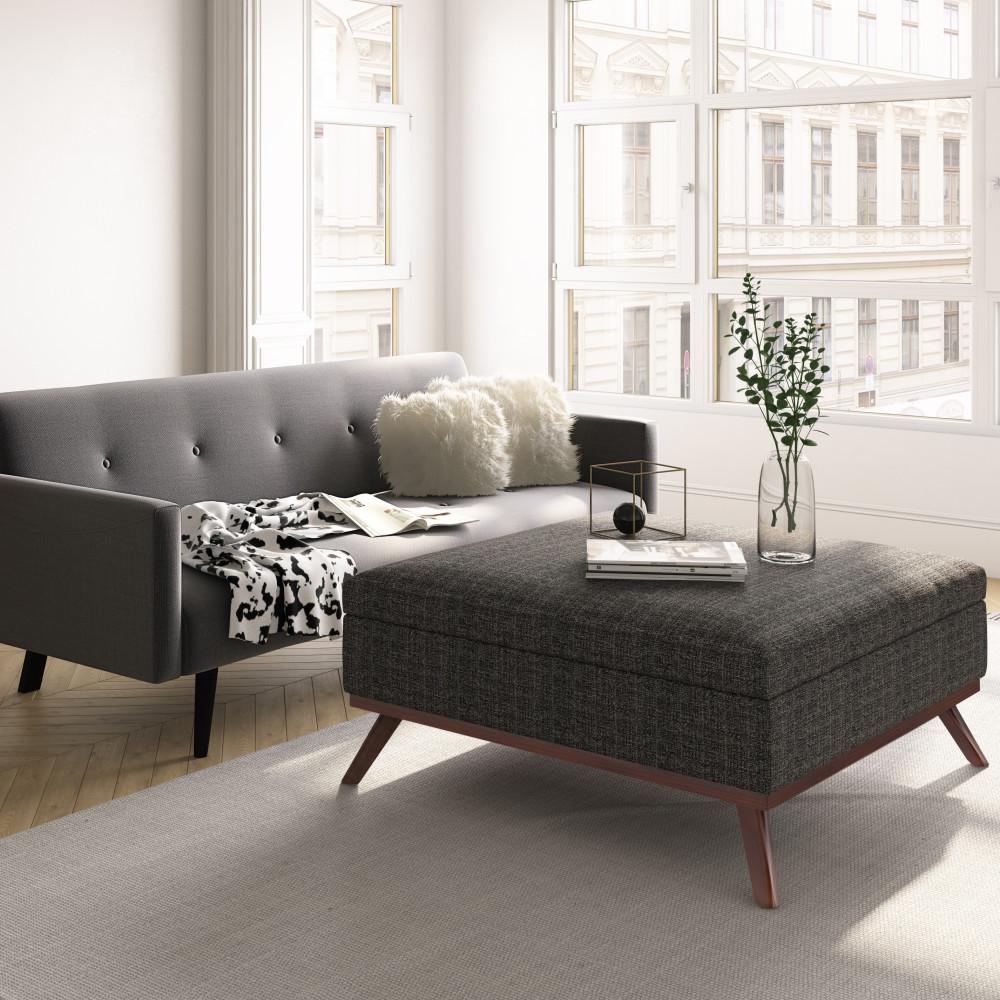 Simpli Home Owen 36"W Upholstered Square Coffee Table Storage Ottoman with Lift Top and Solid Wood Legs