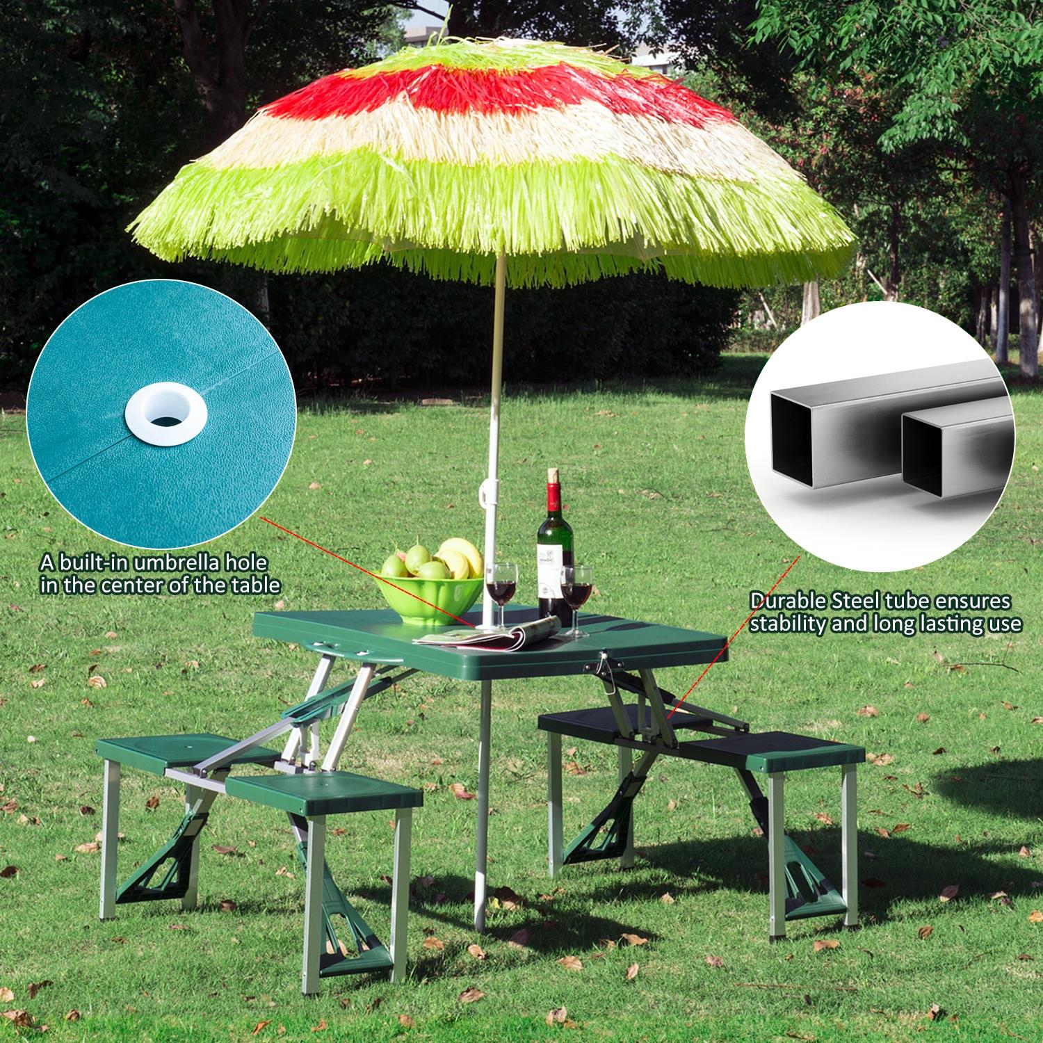 Outsunny 4 Person Plastic Folding Picnic Table Set with Umbrella Hole, Green