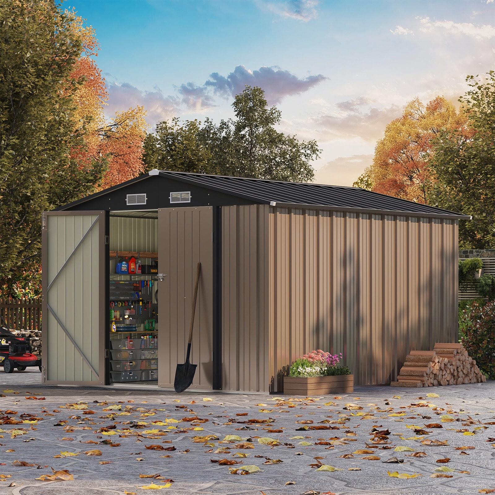 Patiowell 8' x 10' Outdoor Storage Shed, Large Garden Tool Metal Shed with Sloping Roof and Double Lockable Door, Outdoor Shed for Backyard Garden Patio Lawn, Brown