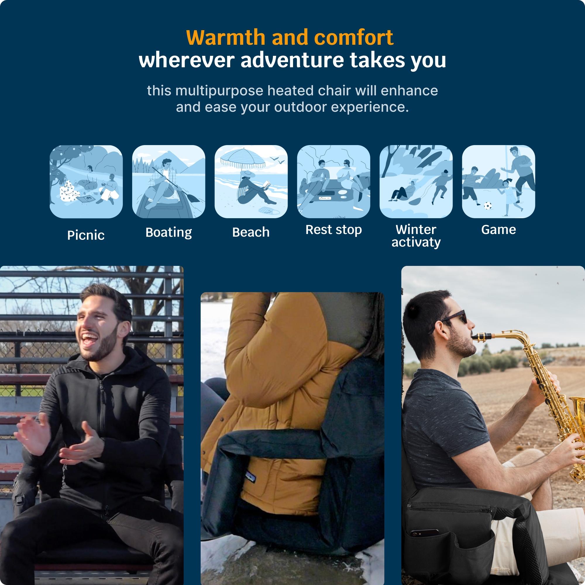 Extra Wide Heated Reclining Stadium Seat - Waterproof Foldable Chair, Thick Padding & Back Support