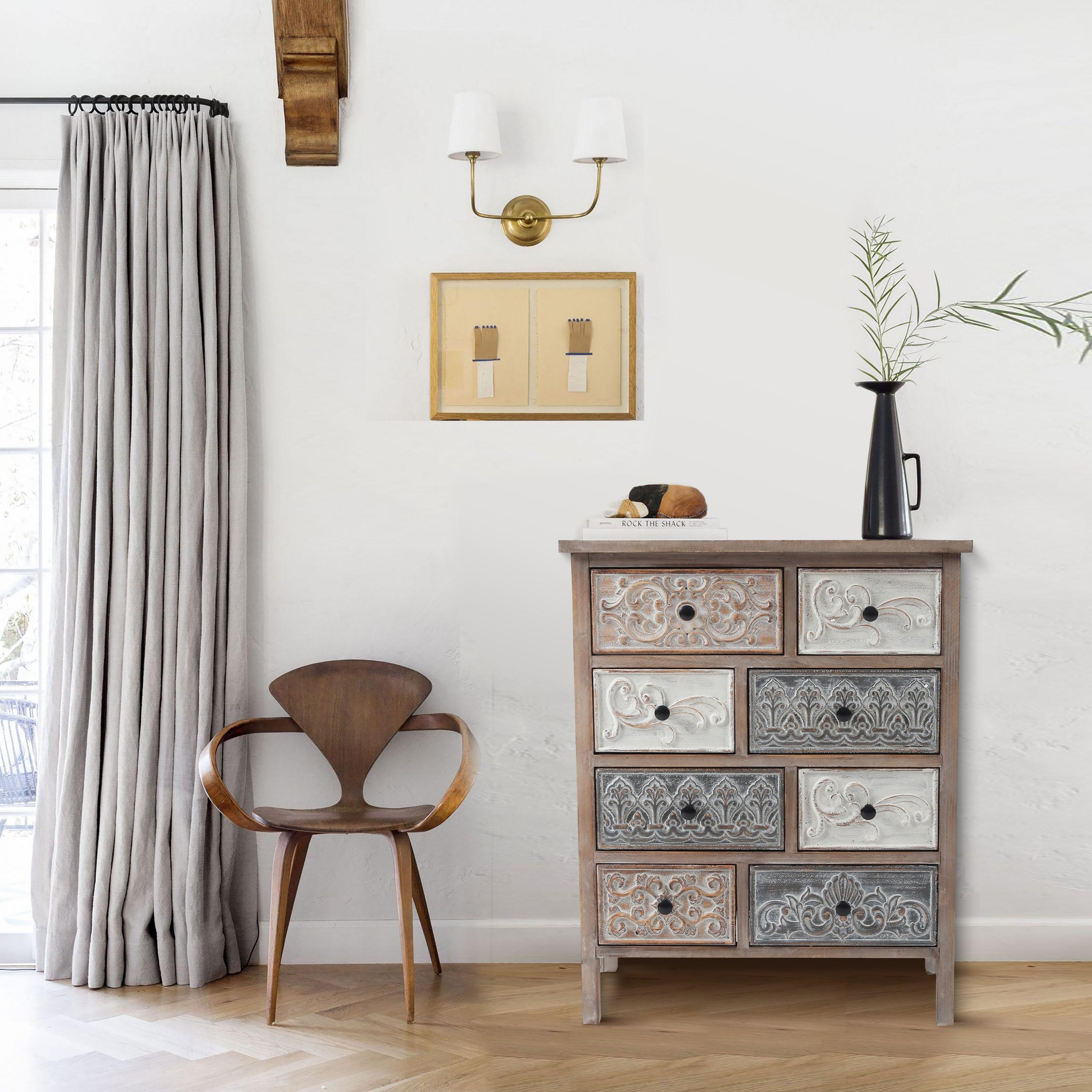 LuxenHome 8-Drawer 32.25" H x 25.75" W Rustic Carved Wood Accent Chest. Brown