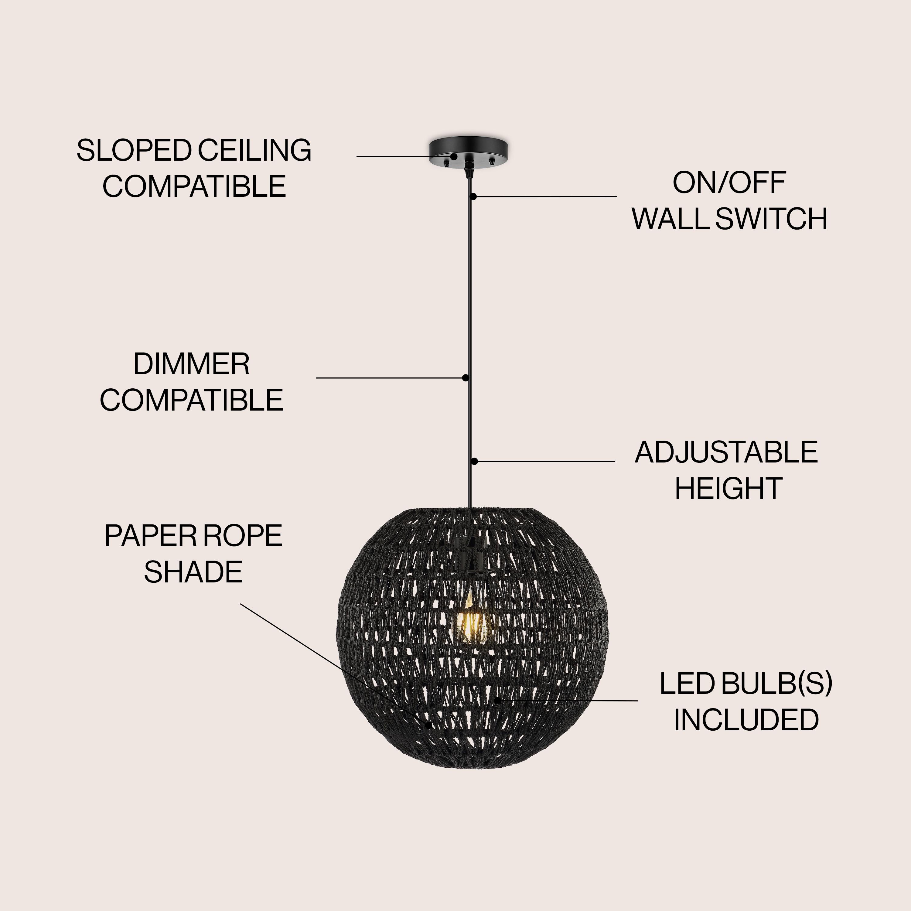 Luna 15.75" 1-Light Bohemian Modern Woven Rattan/Iron LED Pendant, Black