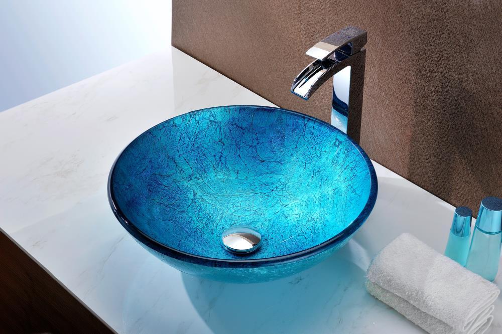 ANZZI Accent 16.5'' Blue Tempered Glass Circular Bathroom Sink