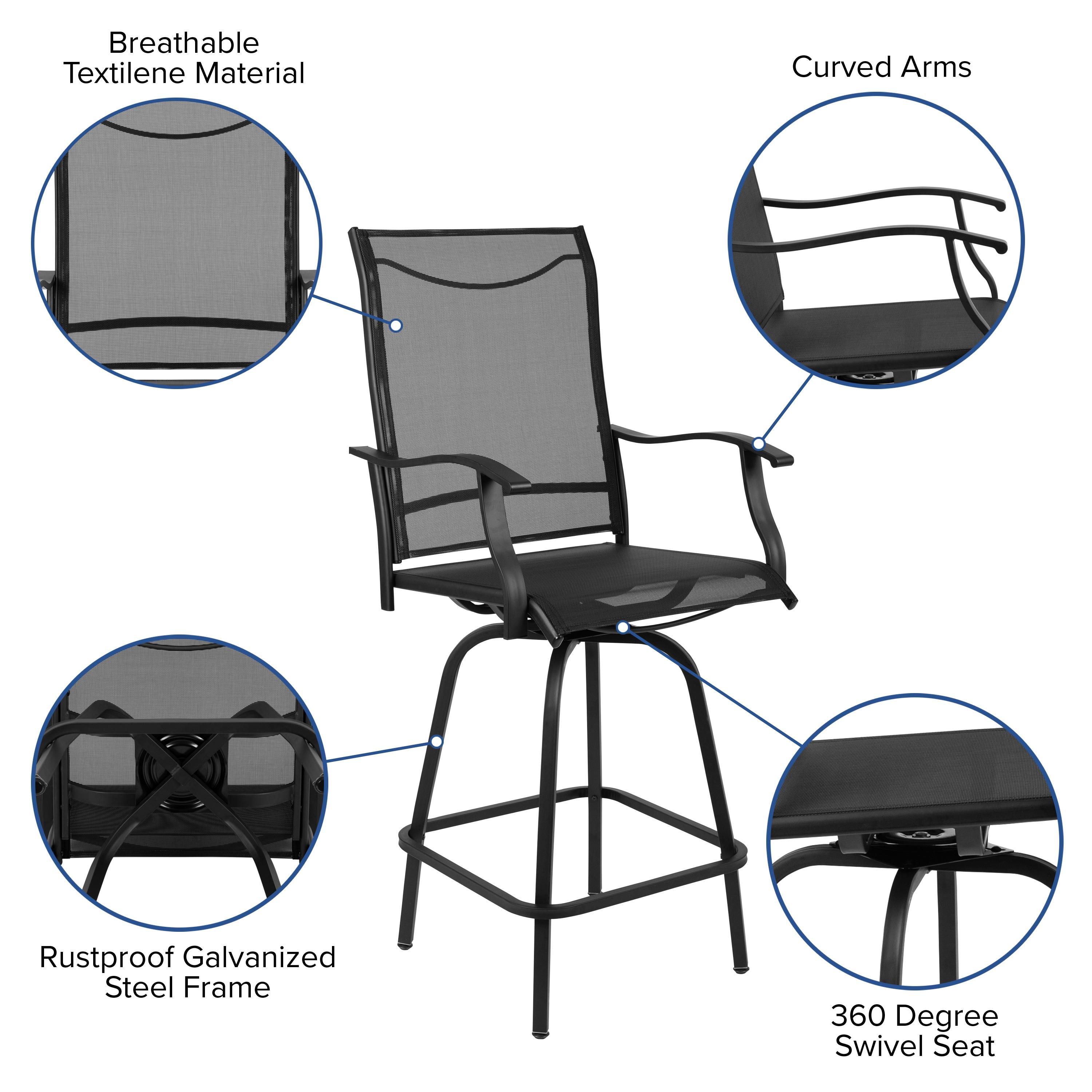 Flash Furniture Patio Bar Height Stools Set of 2, All-Weather Textilene Swivel Patio Stools and Deck Chairs with High Back & Armrests in Black