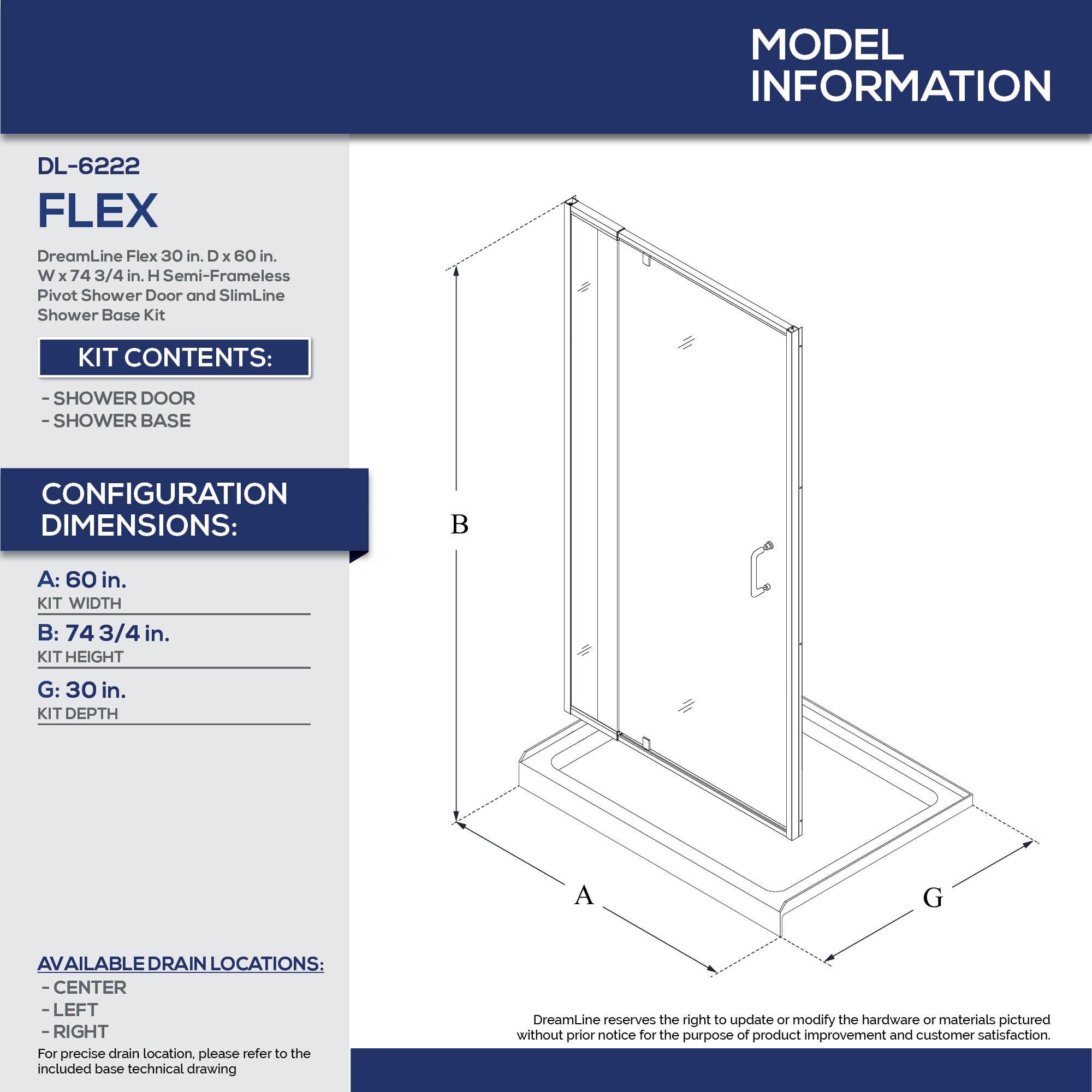 Flex 60" W x 30" D x 74.75" H Semi-Frameless Rectangle Pivot Shower Enclosure with Base Included